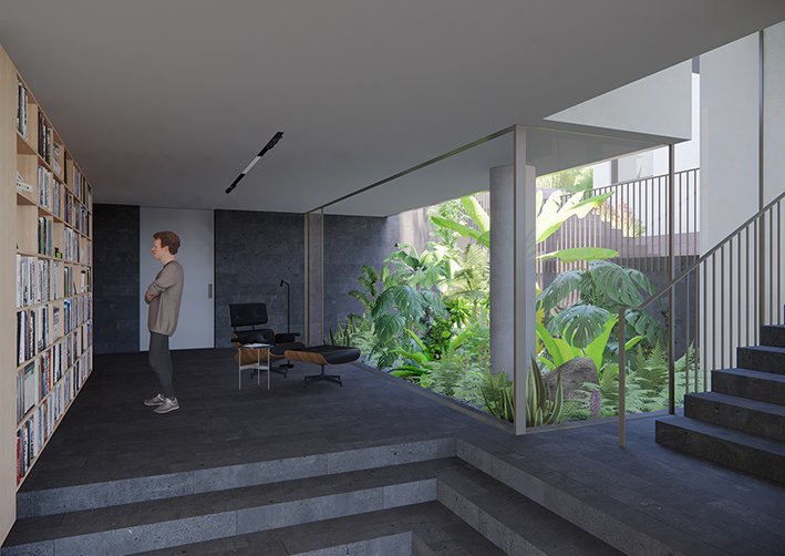 Modern interior space with a person reading a book in front of a large bookshelf, and a lush indoor garden visible through a glass wall.