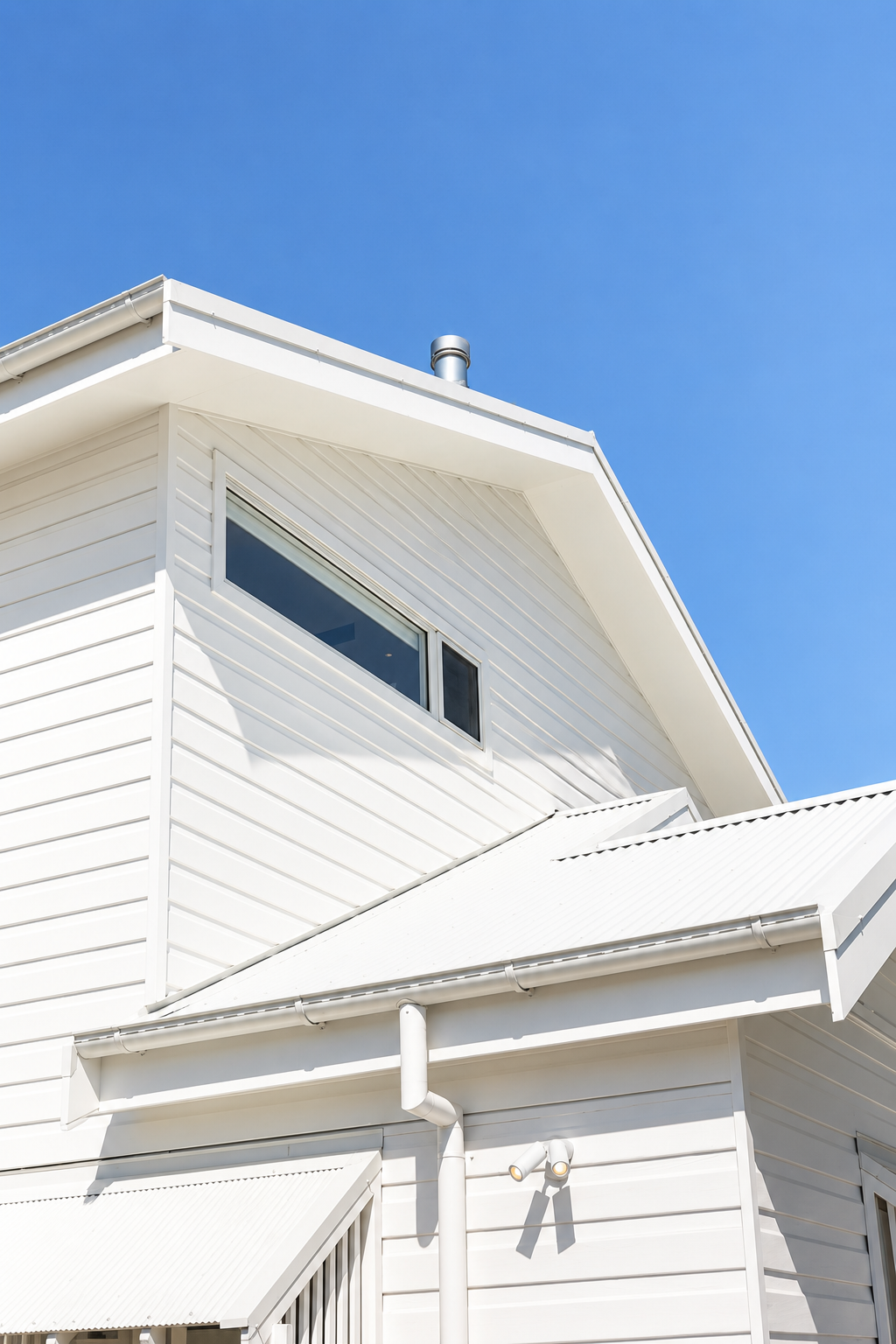 Close-up of a modern white house with horizontal siding, a large window, and a metal roof, set against a clear blue sky.