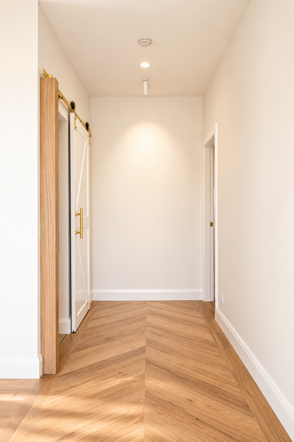 Empty hallway with white walls, wooden flooring, and a sliding barn door with brass hardware.