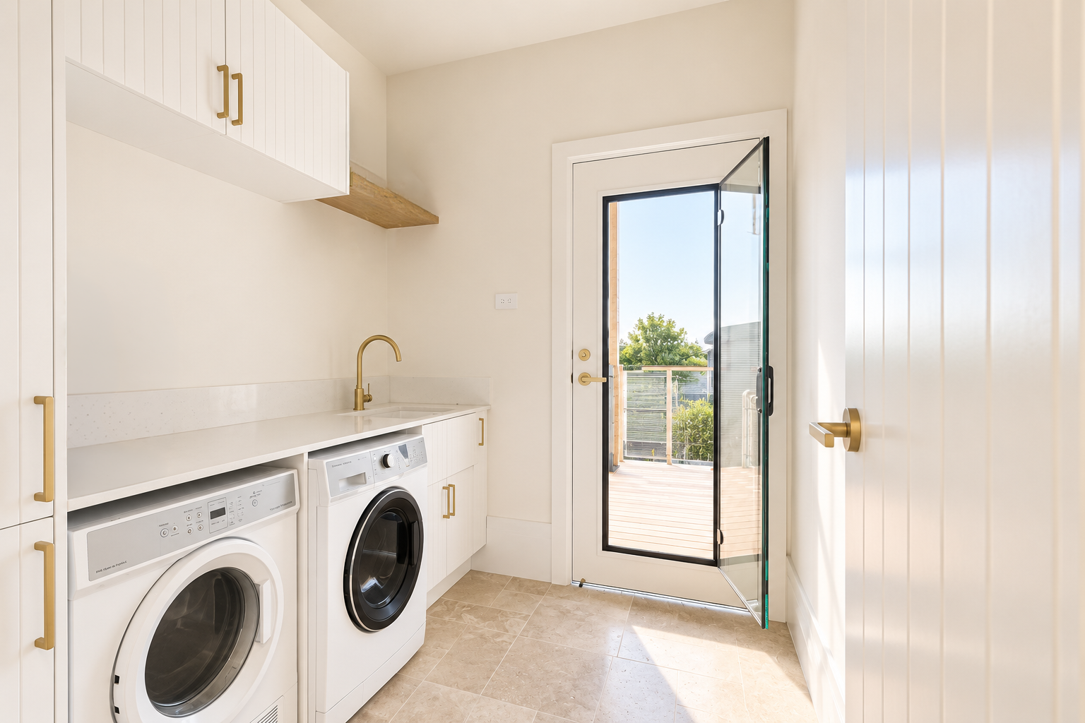 Laundry room with washer and dryer, white cabinets with gold handles, gold faucet, beige tiled floor, glass door leading outside to a patio with greenery