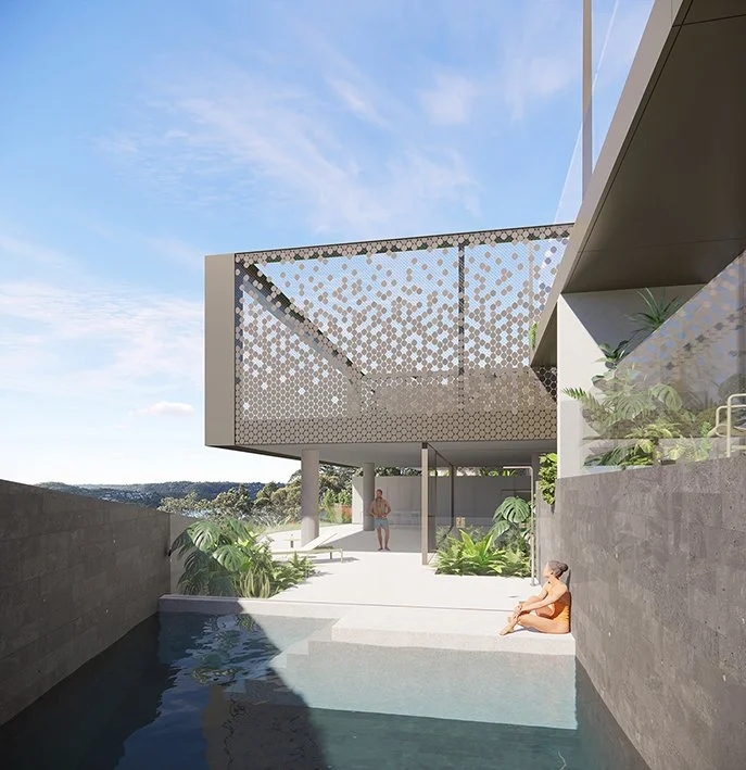 Modern outdoor area with a pool, plants, and a person sitting on the edge of the pool, with a woman standing under a perforated metal structure, against a blue sky.