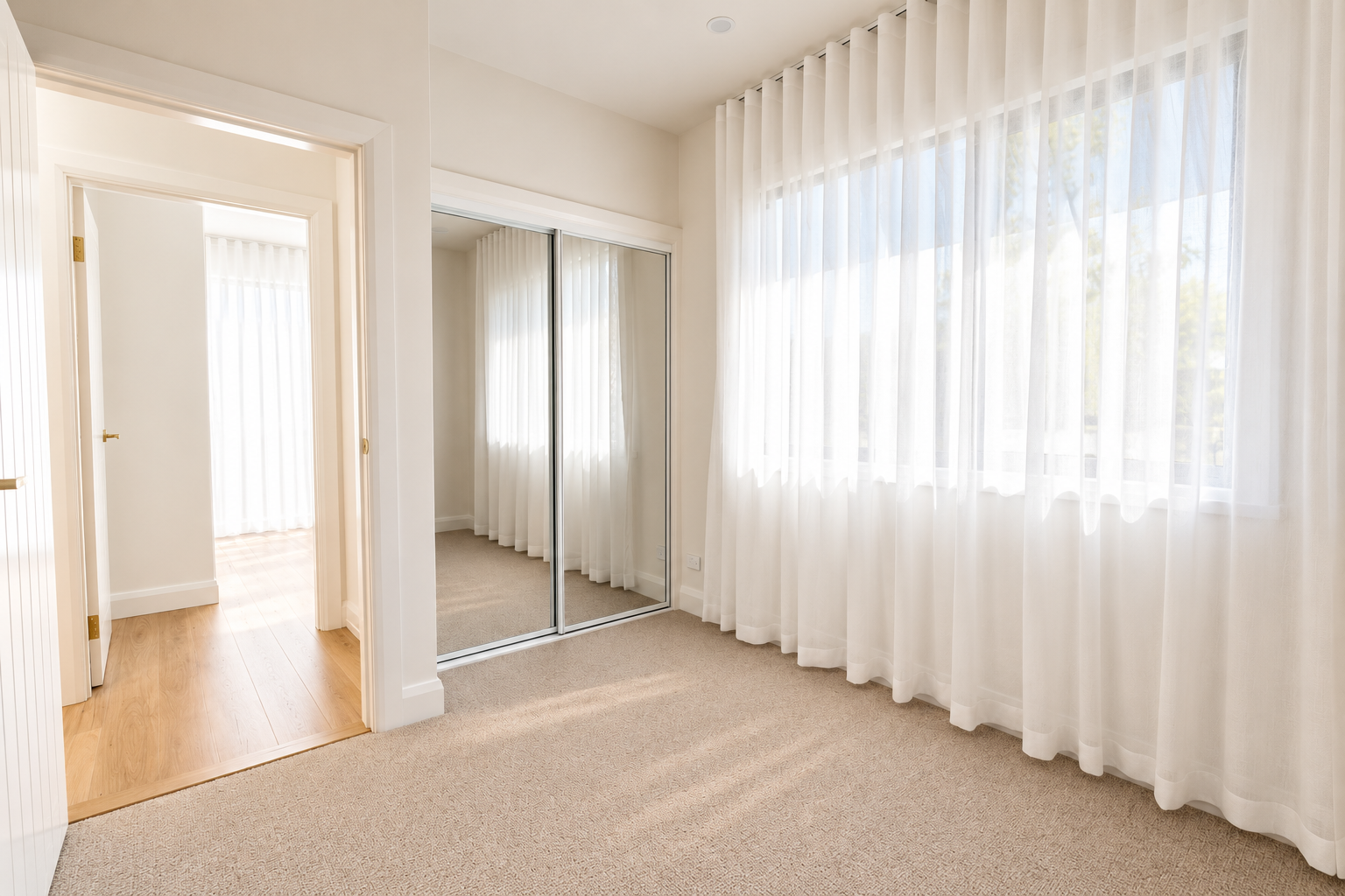 Empty bedroom with beige carpet, large window with sheer white curtains, mirrored closet door, and a doorway leading to another room with wood flooring and similar curtains.
