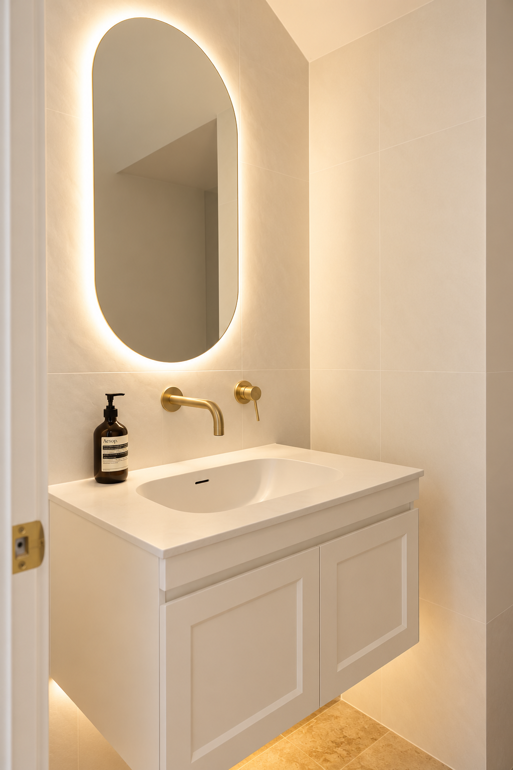 Modern bathroom vanity with an oval mirror backlit with LED lighting, featuring a beige backsplash, a white sink, gold faucet and handle, and a brown soap dispenser on a white cabinet.