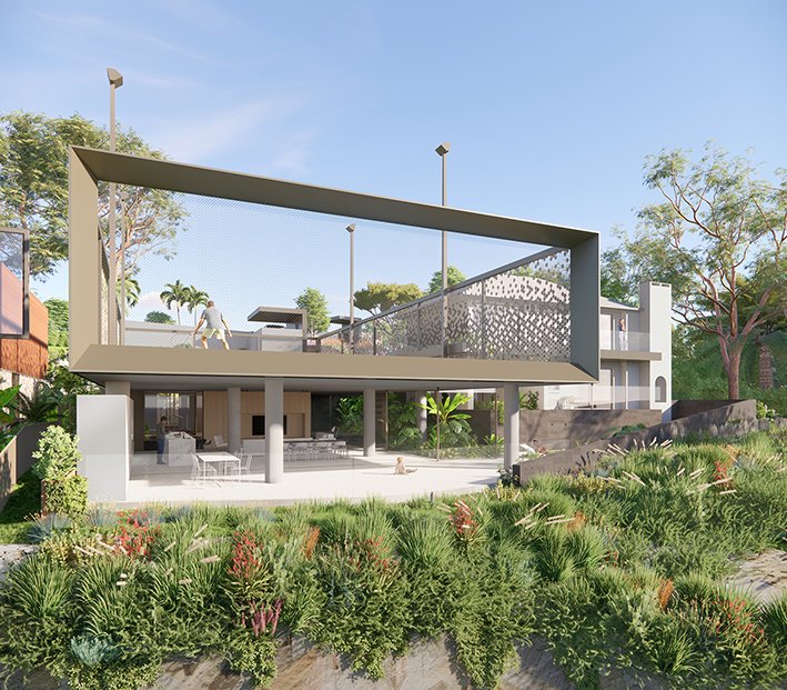 A modern house with an open ground floor and enclosed upper balcony, multiple trees and greenery surrounding it, in a landscaped yard.