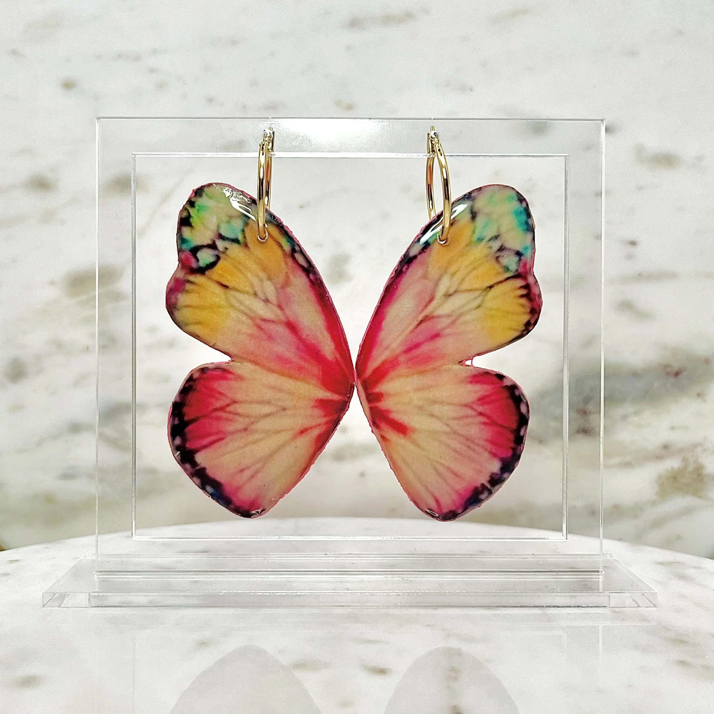 Pink with Green Tip Butterfly Wing Earrings