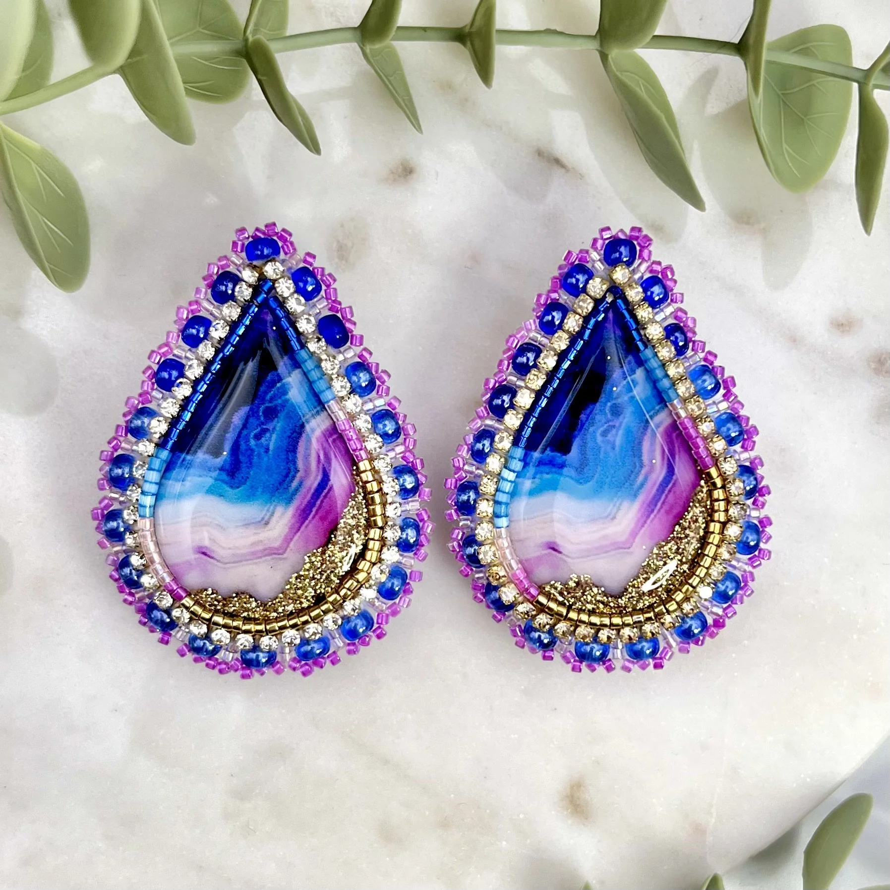 Fuschia and Blue Teardrop Earrings