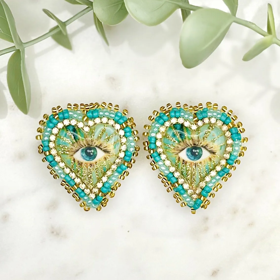 Green Evil Eye Heart Earrings