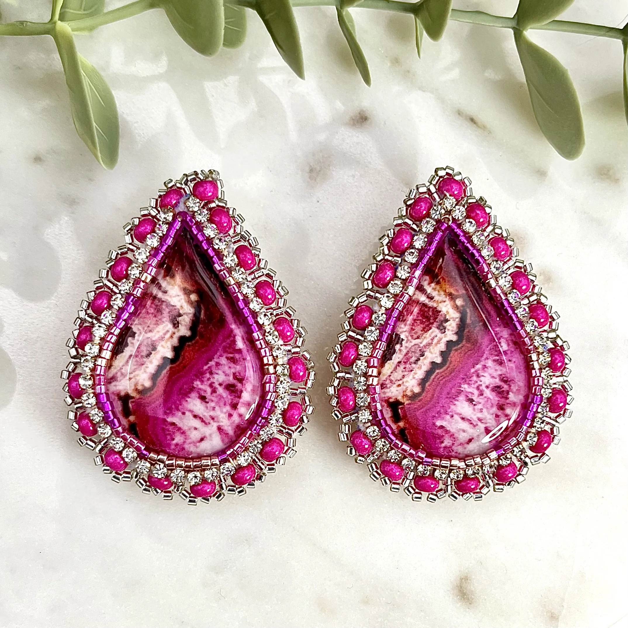 Bright Pink and Silver Teardrop Earrings
