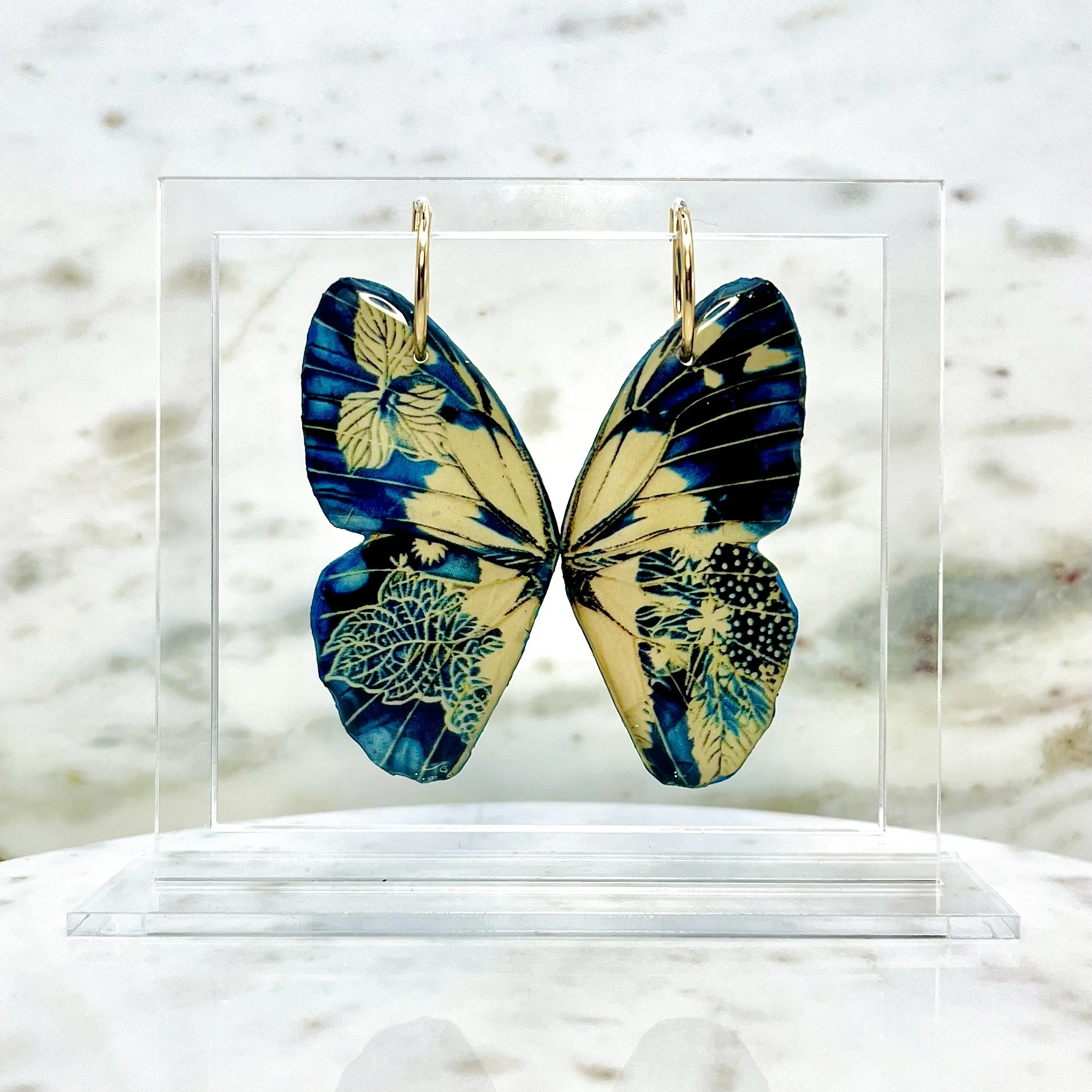 Blue and White Butterfly Wing Earrings