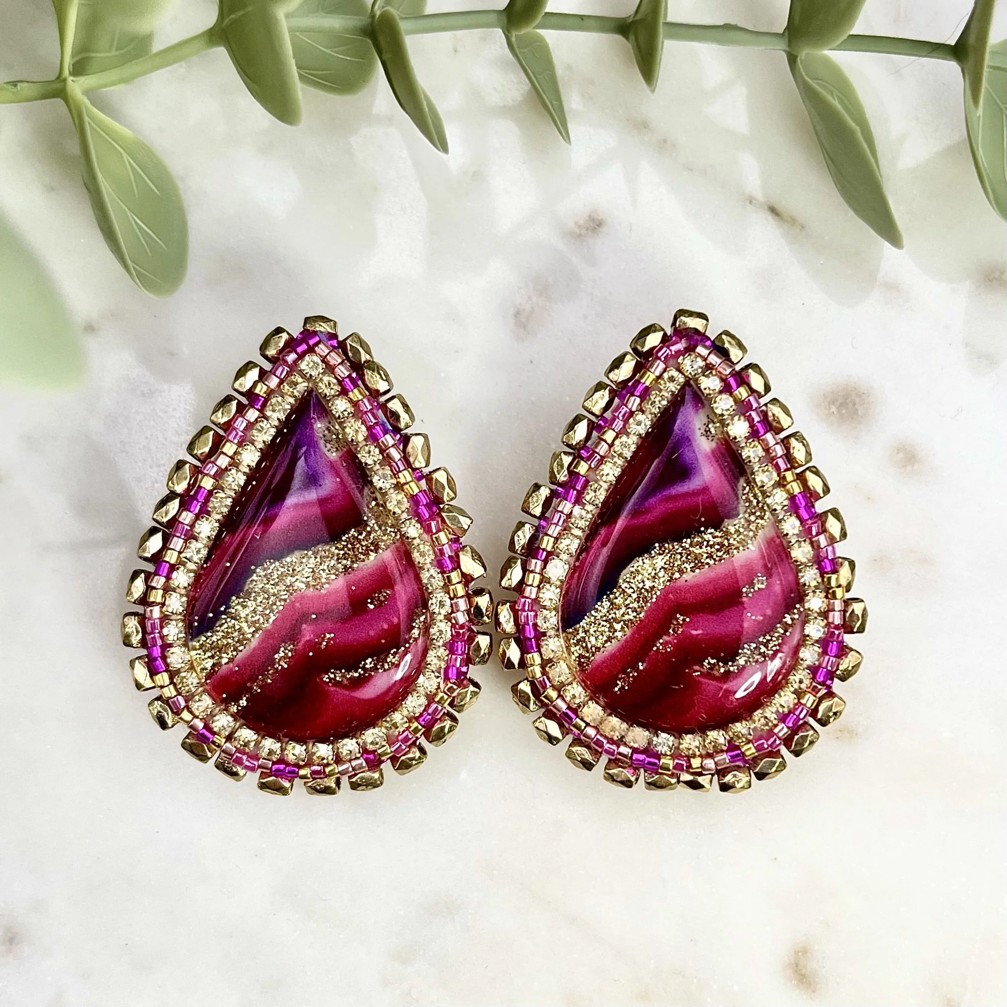 Hot Pink and Gold Teardrop Earrings