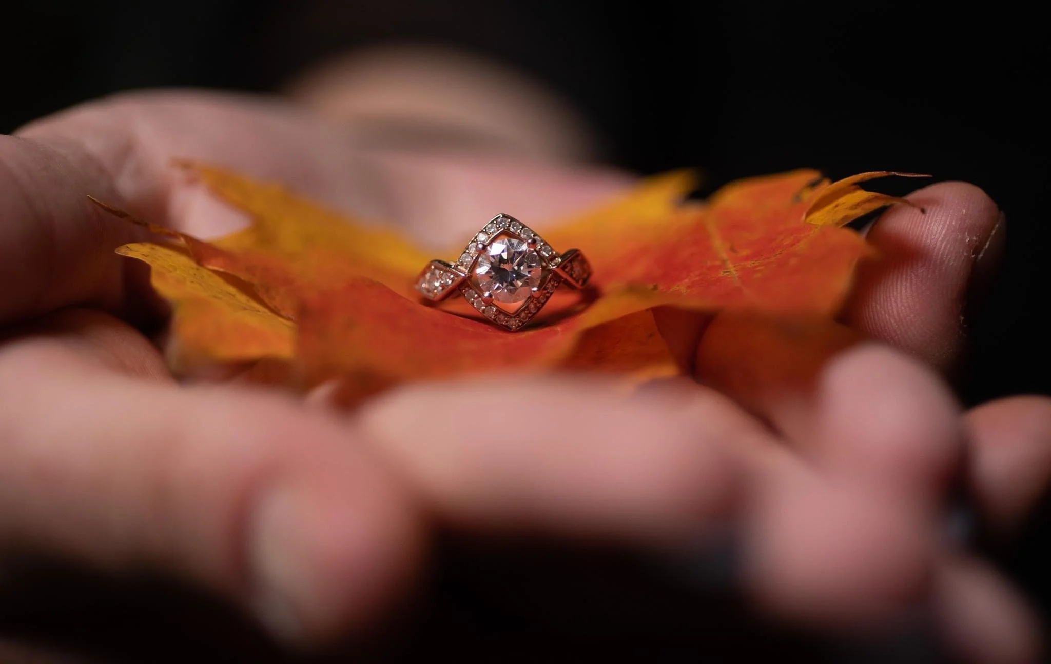 Close-up of a sparkling engagement ring with a central diamond, resting on a red and orange autumn leaf, held in fingers.