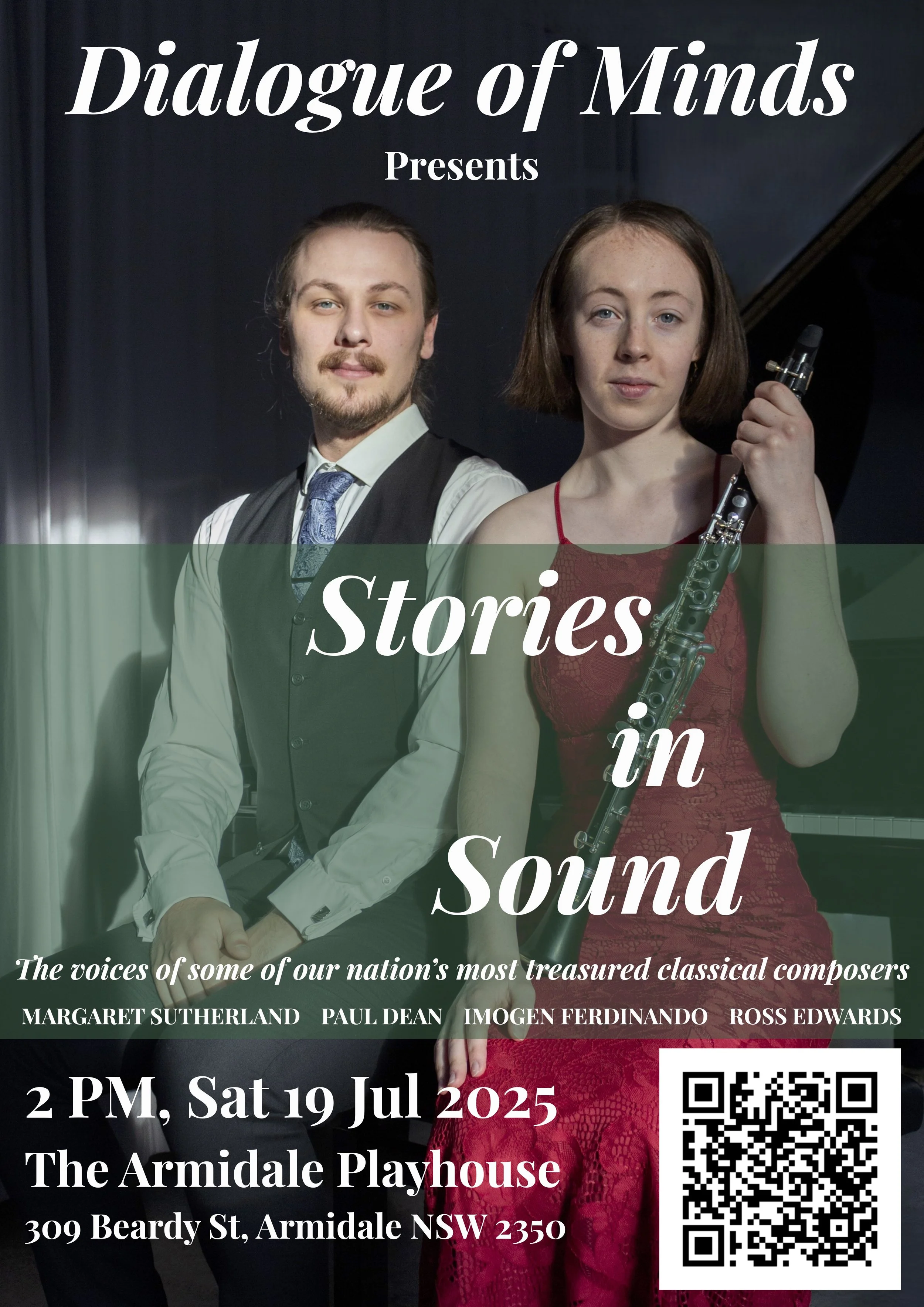 A promotional poster for an event titled 'Dialogue of Minds Presents Stories in Sound' features a man with a beard and long hair, dressed in a vest and tie, and a woman with short hair holding a clarinet, both standing in front of a dark background. The poster provides details for an event scheduled at 2 PM on Saturday, July 19, 2025, at The Armidale Playhouse, 309 Beardy Street, Armidale, NSW 2350, including a QR code.
