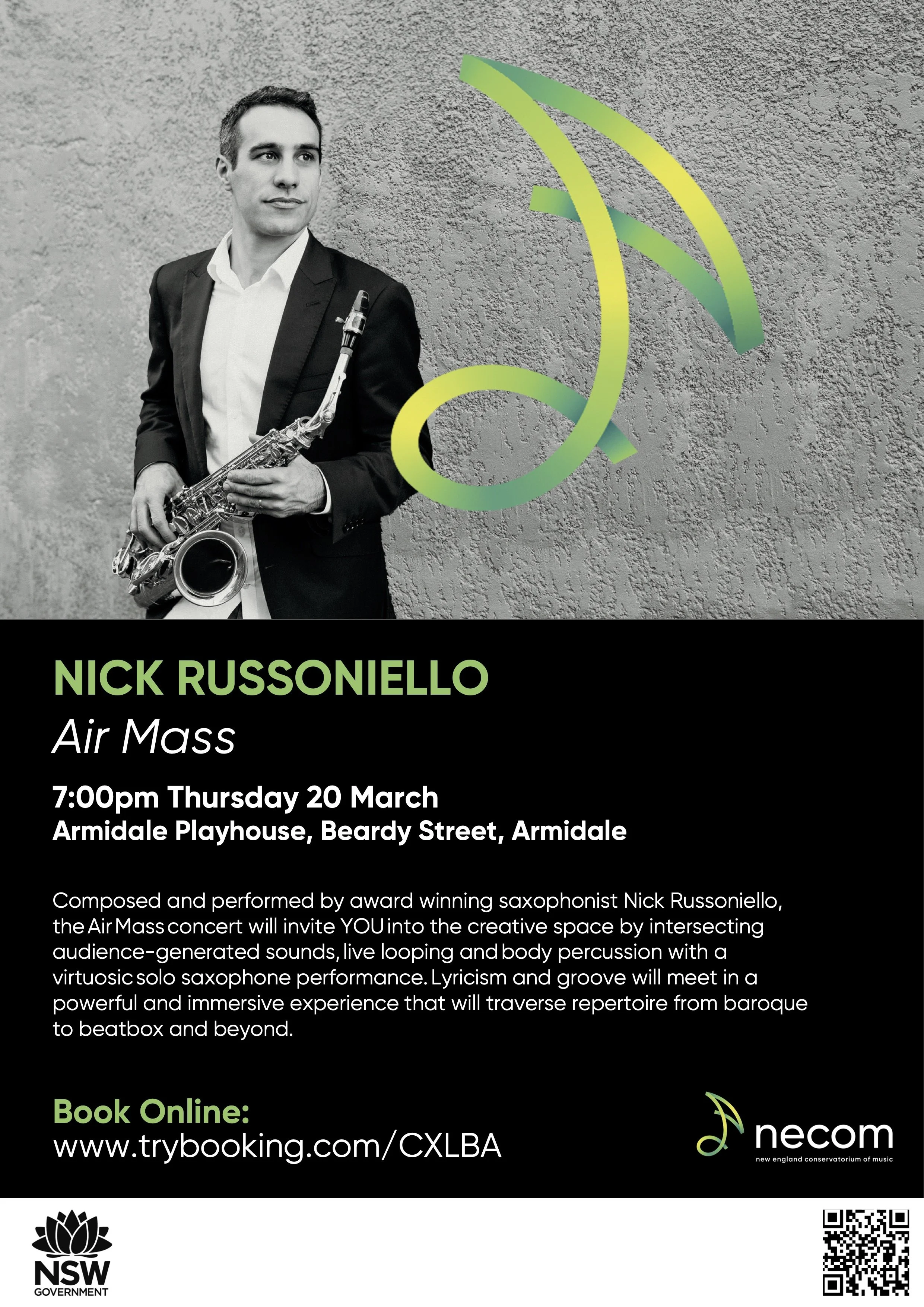 Black and white photo of a man in a suit holding a saxophone, standing against a rough textured wall. Overlaid is a colorful, abstract saxophone illustration and event details for a concert by Nick Rusonniello titled 'Air Mass', including date, time, location, and booking information, with logos of NSW Government and NECom.