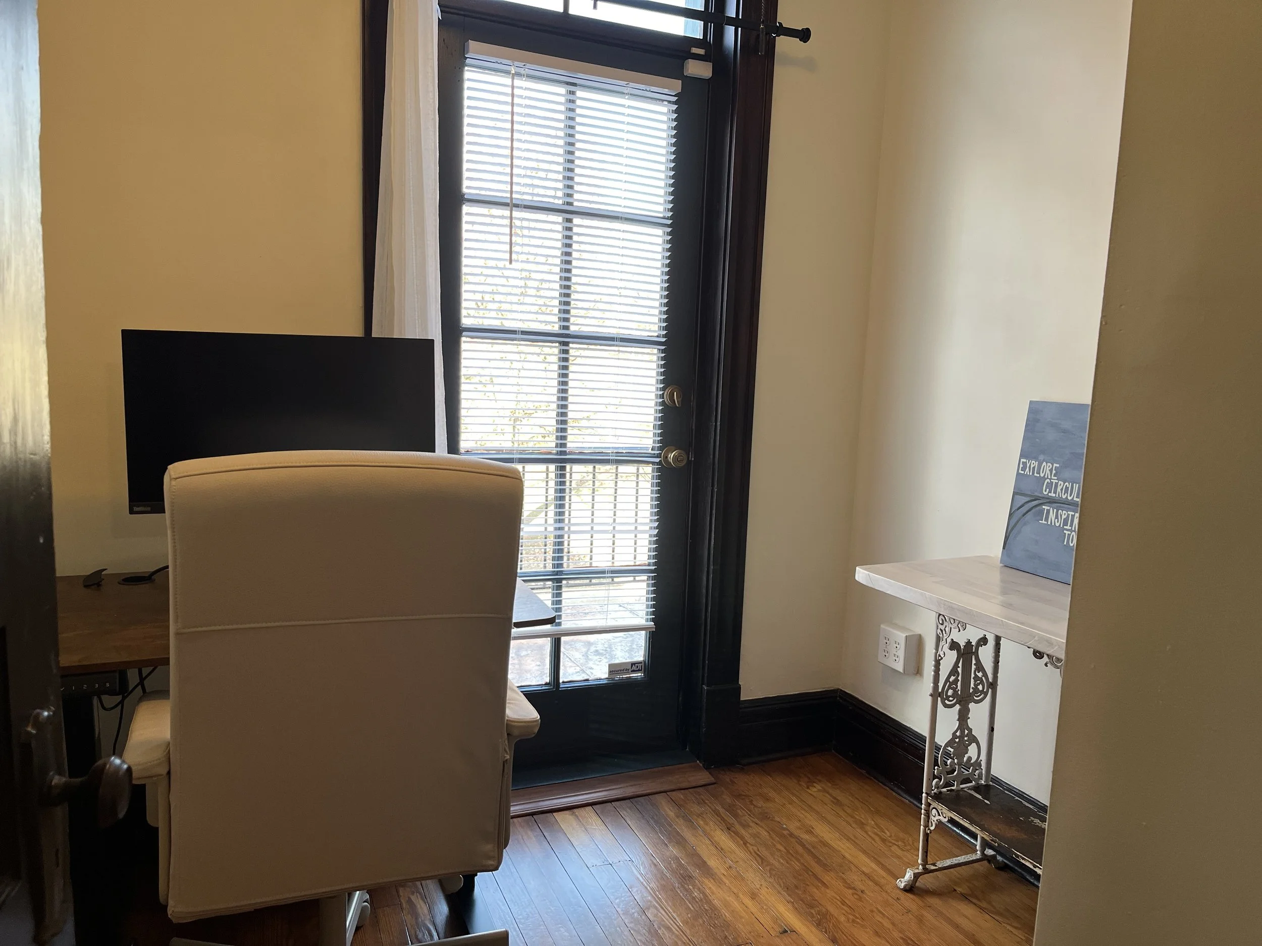In the study, we had to repair the floor where there was rot and water damage near the door, seal any gaps, repair plaster, refinish the floor, paint, and install a new ceiling fan.