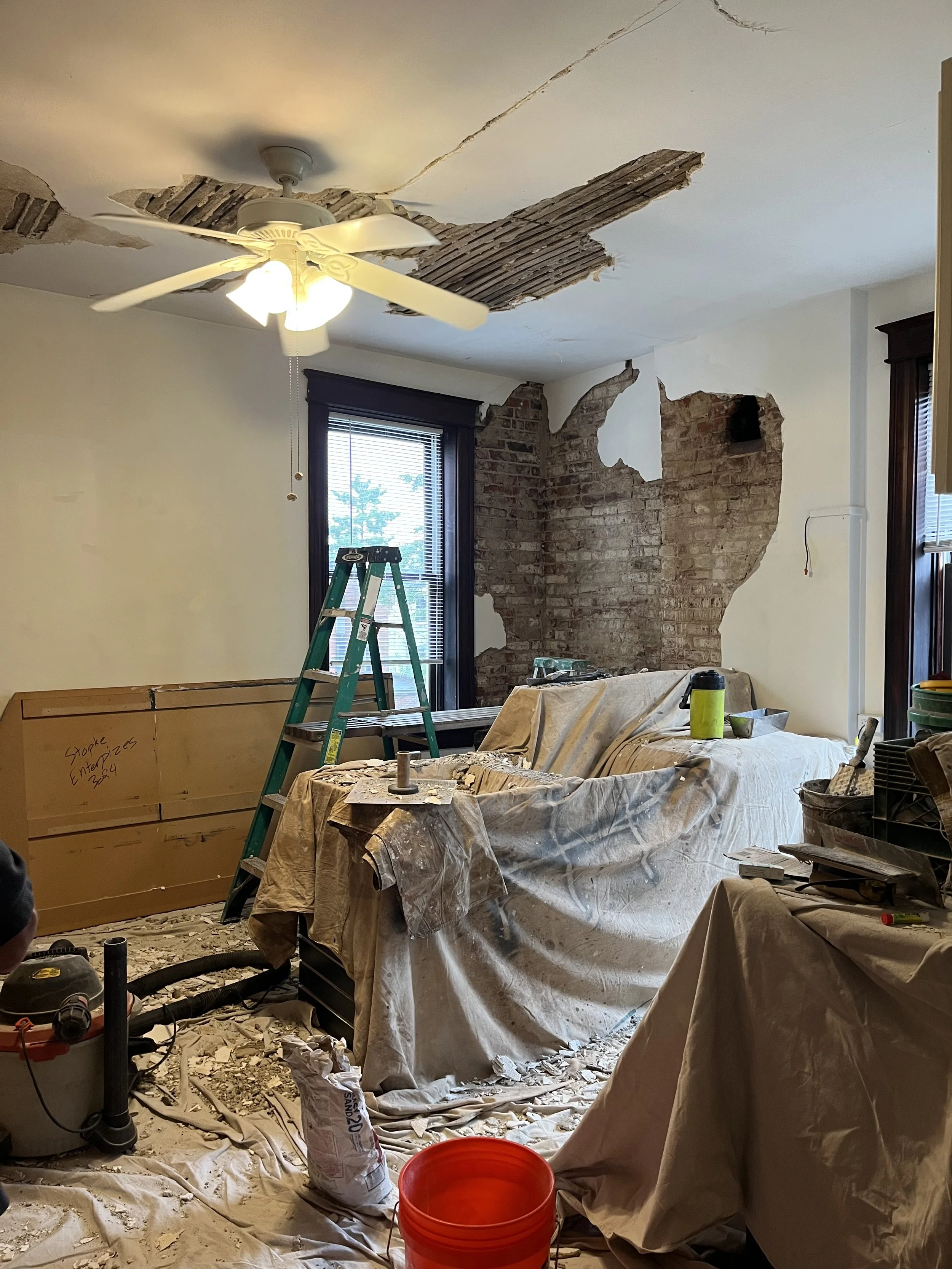 What listing photos don't show, we had to take down half of the ceiling to repair due to previous water damage.