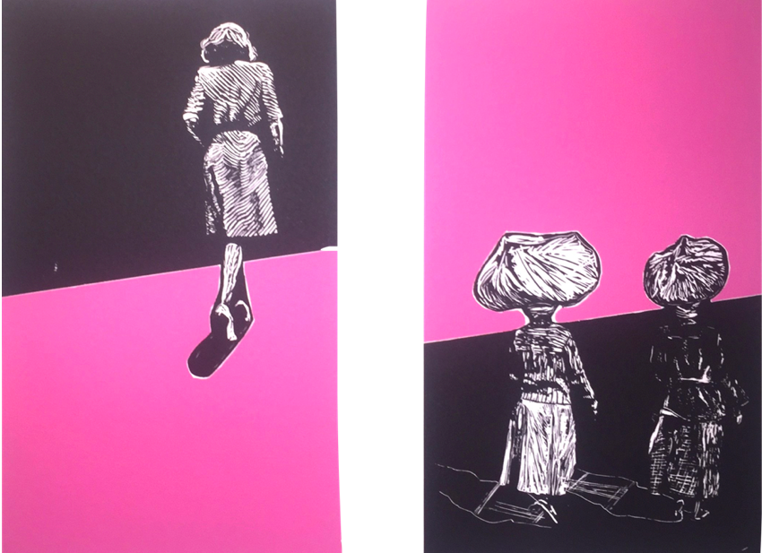 ALLYSSA HERMAN - Walking Working -Edition 3/10 & 5/10 - Pink/blue black print on linocut- year 2017
