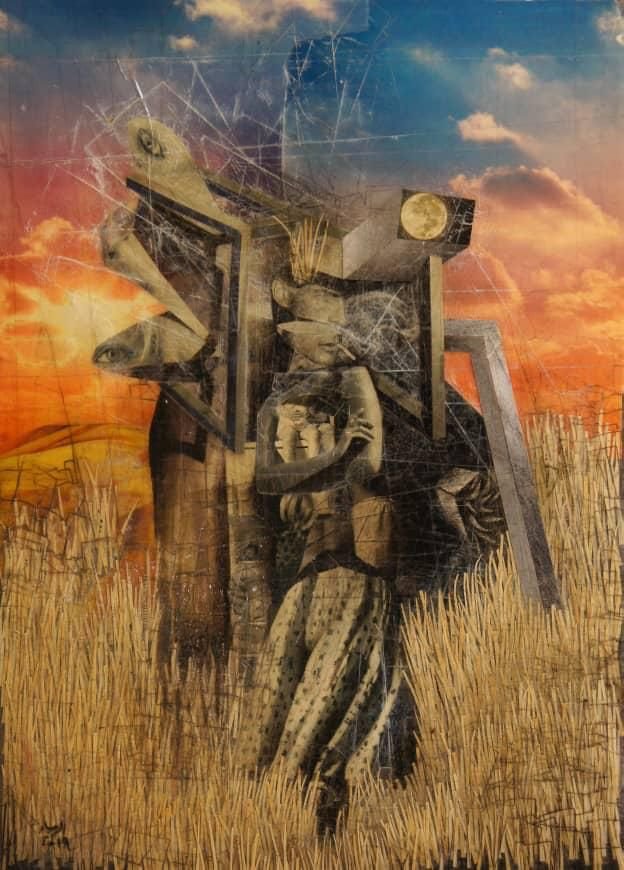 ALLAHYAR NAJAFI - Landscape of Babel #3 - Series: Power of Babel - Collage of discarded book pages, found images & tape on board - size 30 x 40 cm - year 2019