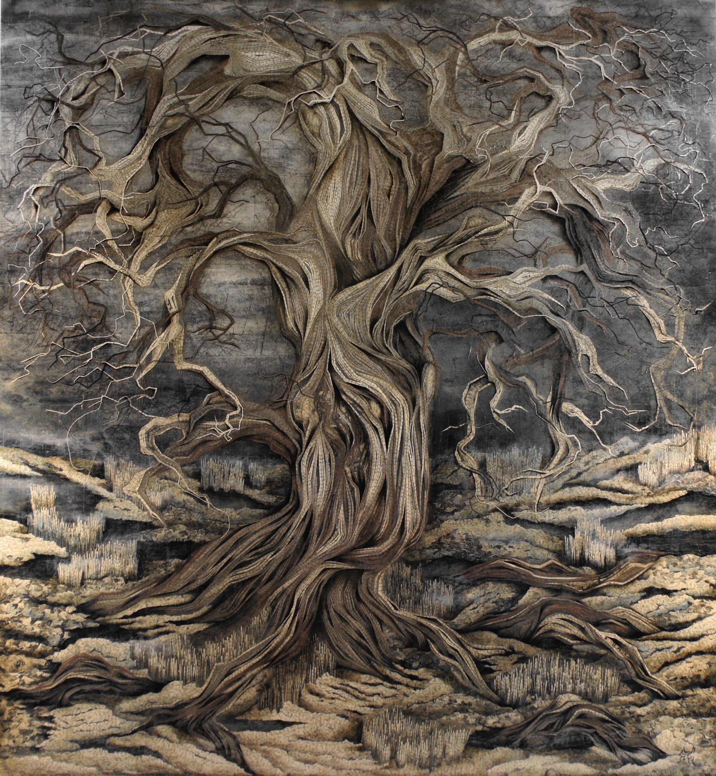 ALLAHYAR NAJAFI - Tree of Knowledge #4
- Collage of discarded book pages & tape on board - size 120 x 130 cm - year 2020