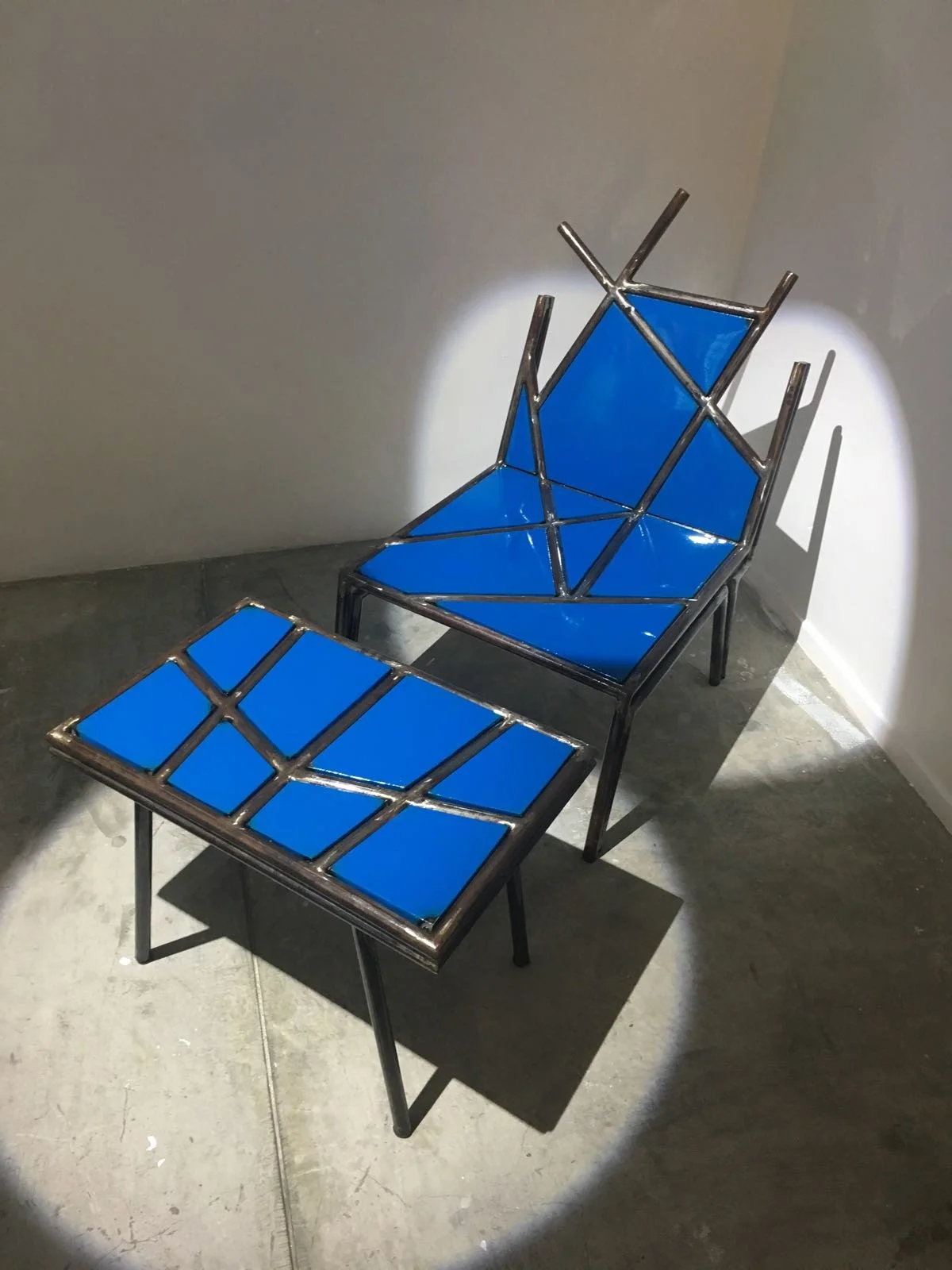 OUSMANE MBAYE - ISSA Chair + Tante de treichville Side Table - Graphic Collection - Medium: Recycled Metal (different Colors) - year 2015