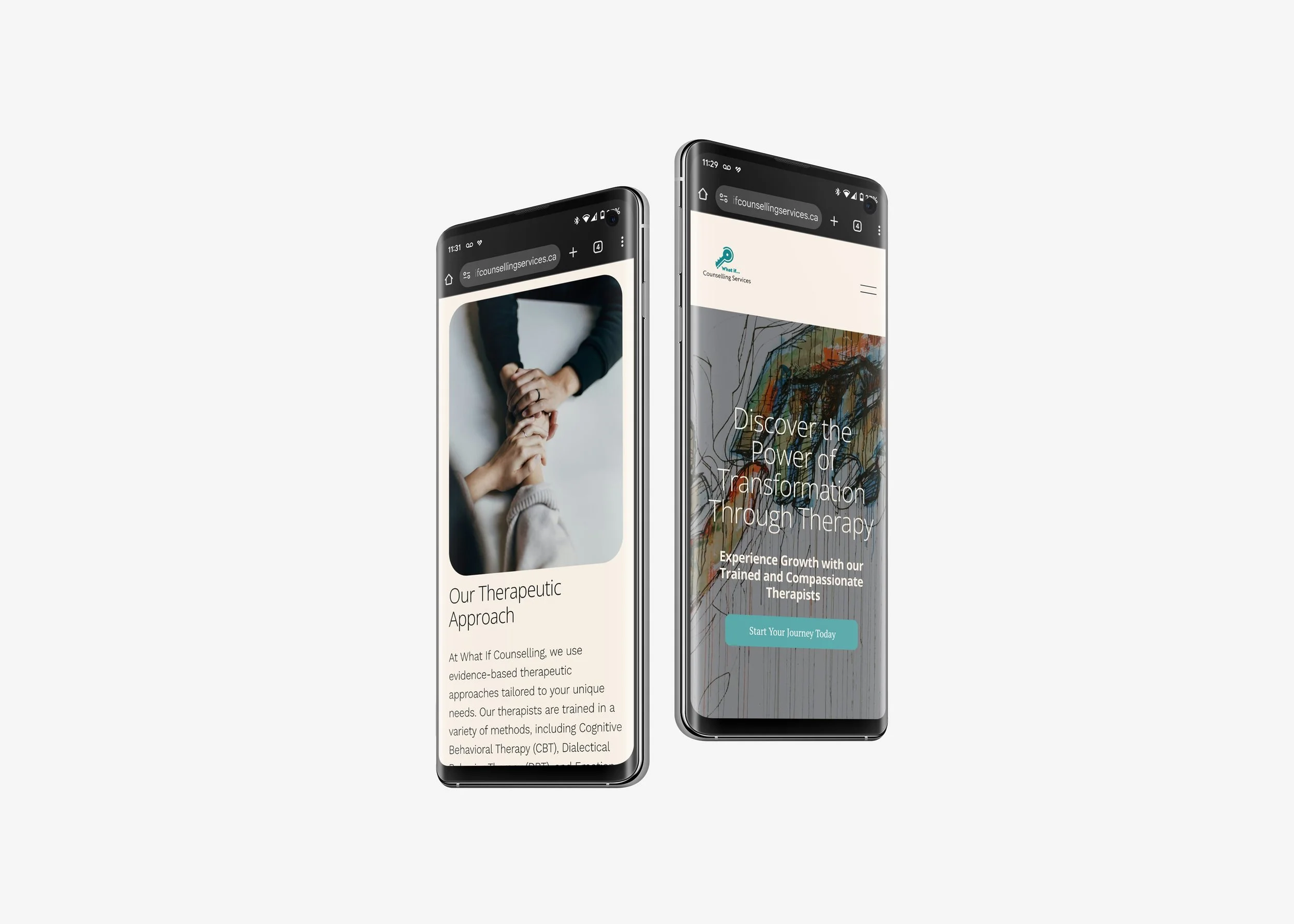 Two modern smartphones displaying a website for counselling services, with one showing a hand-holding photograph and the other showing colorful abstract art and text about therapy.