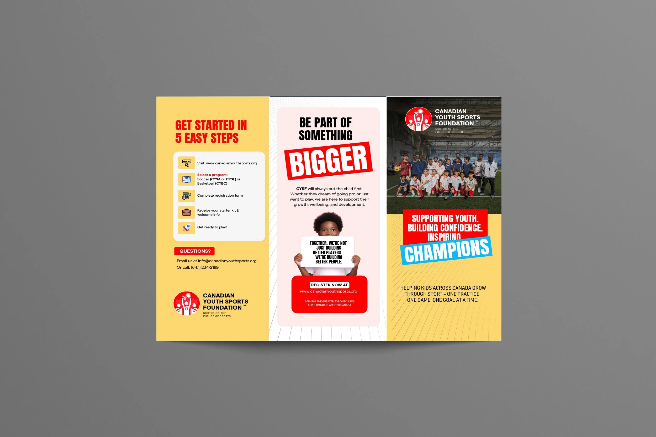 Flyer promoting the Canadian Youth Sports Foundation with details on how to get involved and a group photo of young athletes in a sports facility.