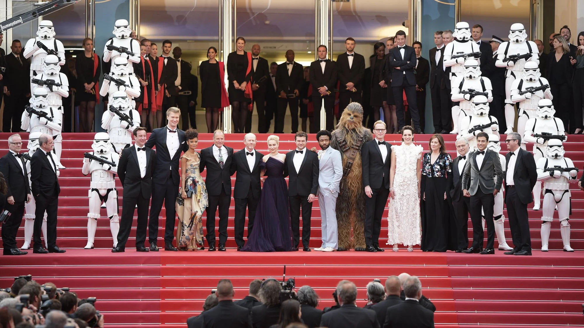Instant View - The 71st Annual Cannes Film Festival
CANNES, FRANCE - MAY 15: (L-R) Actor Joonas Suotamo, actress Thandie Newton, actor Woody Harrelson, director Ron Howard, actress Emilia Clarke, actor Alden Ehrenreich, actor Donald Glover, Chewbacca