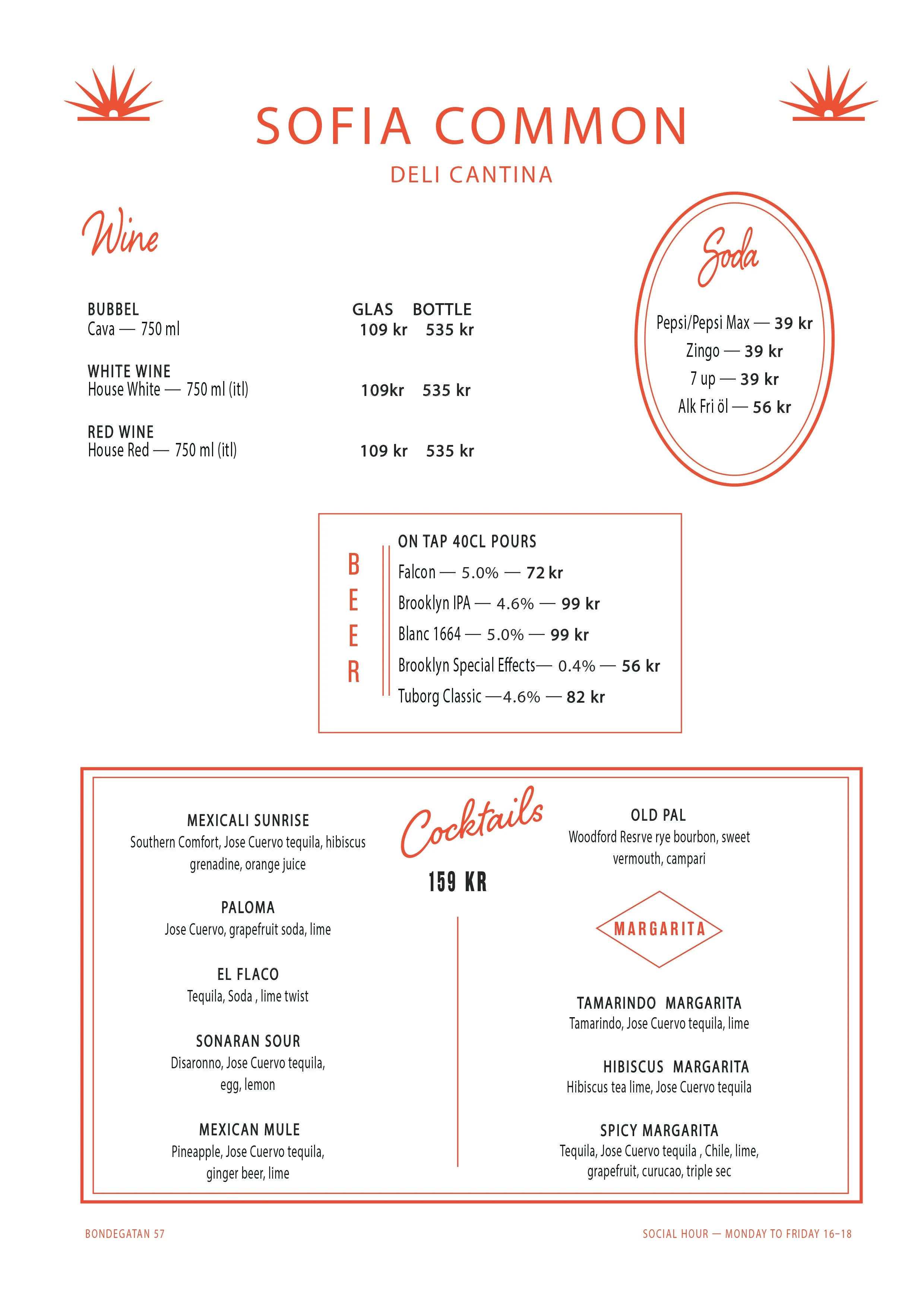 Menyn för Sofia Common Deli Cantina med vin, öl, öl på tapp, och cocktails, inklusive beskrivning av olika drycker och priser.