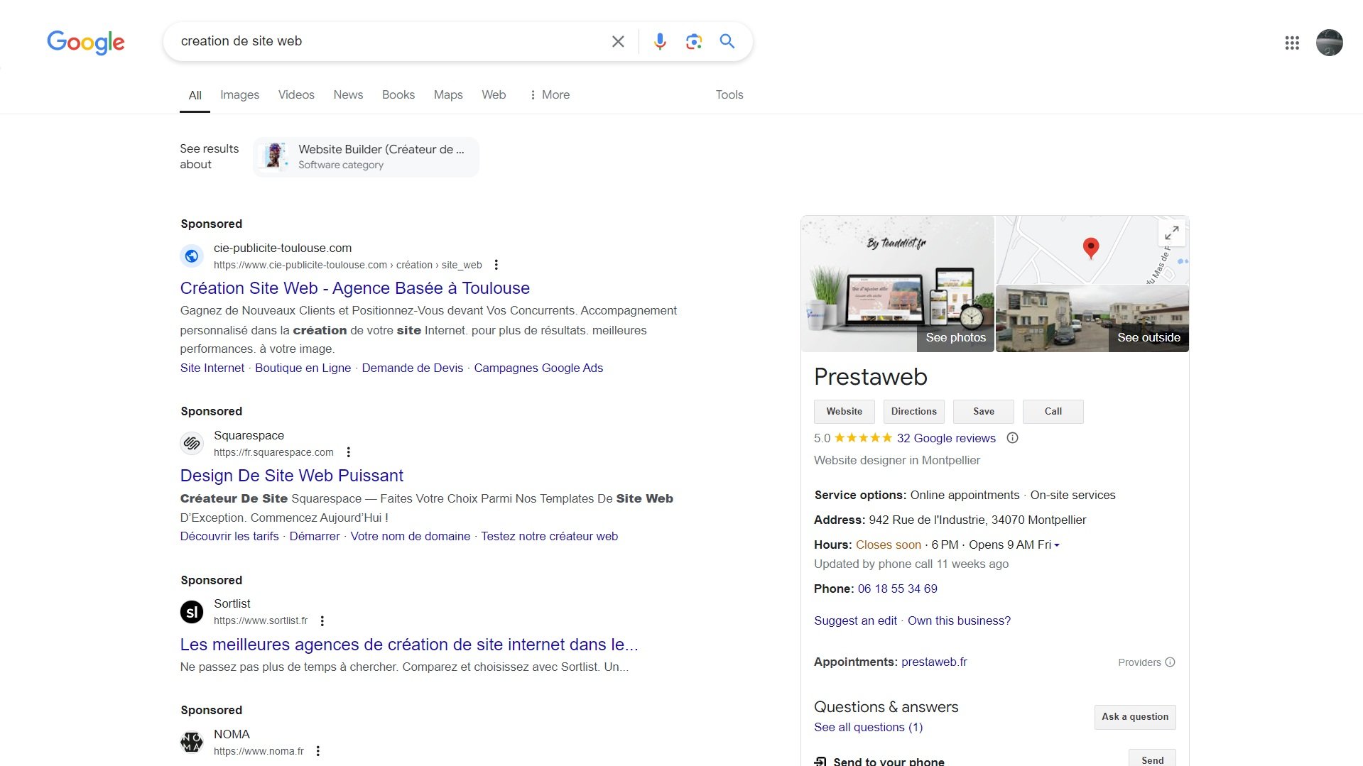 Plusieurs entreprises ont acheté un espace sur le mot clé “Création de site web”. © Capture AHD Consulting Solution