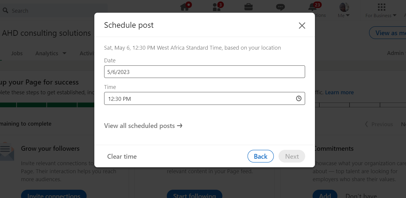 The interface for setting the date and time of the LinkedIn publication © Capture AHD Consulting Solution