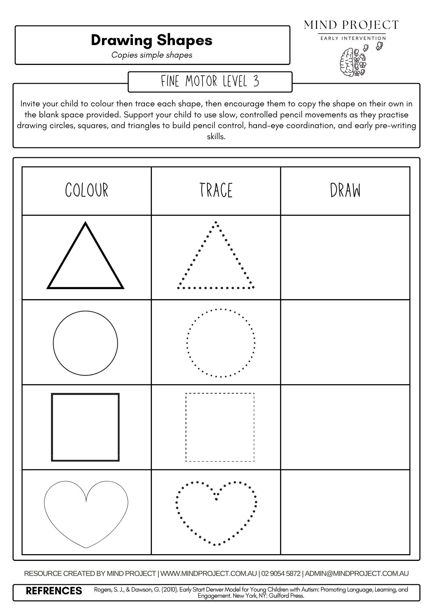 Printable shape tracing and copying worksheet helping children build fine motor skills, pencil control, hand-eye coordination, visual-motor integration, and early pre-writing skills by tracing and copying simple shapes.