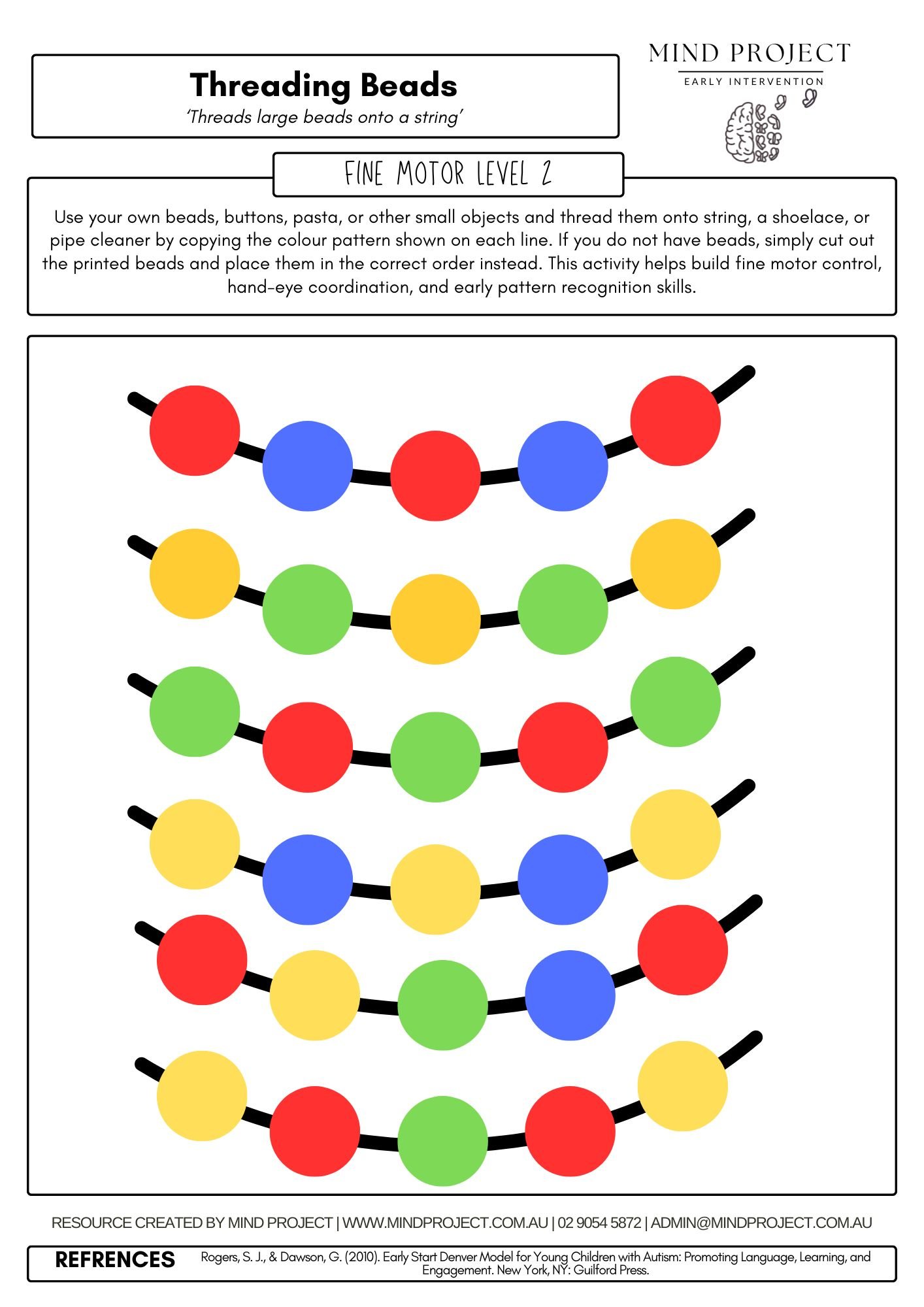 Printable threading beads activity helping children build fine motor skills, hand-eye coordination, visual tracking, and early pattern recognition by copying simple colour sequences through a fun hands-on bead threading activity.
