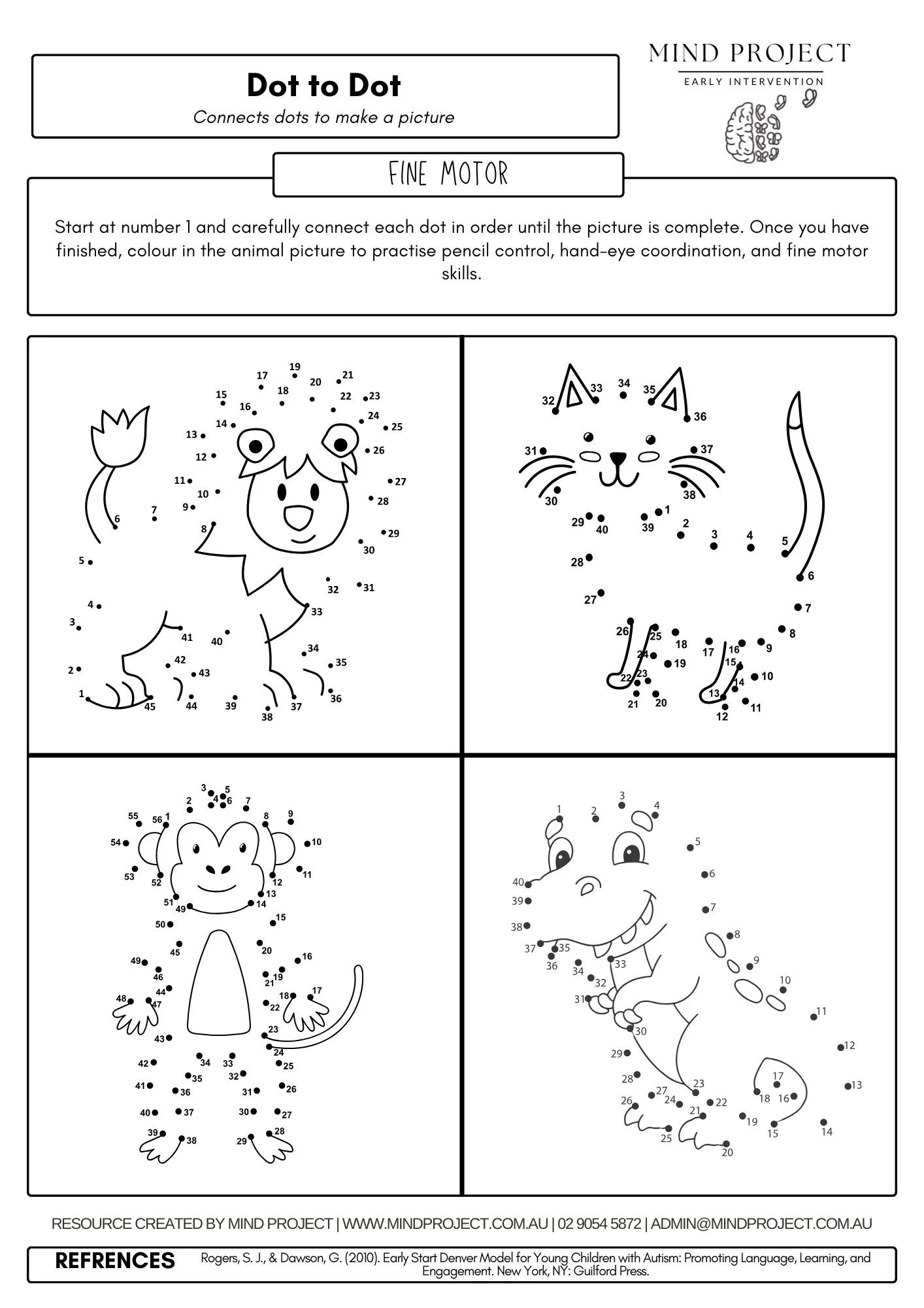 Printable dot-to-dot worksheet helping children build fine motor skills, pencil control, number sequencing, visual tracking, and hand-eye coordination by connecting numbered dots to reveal fun animal pictures.