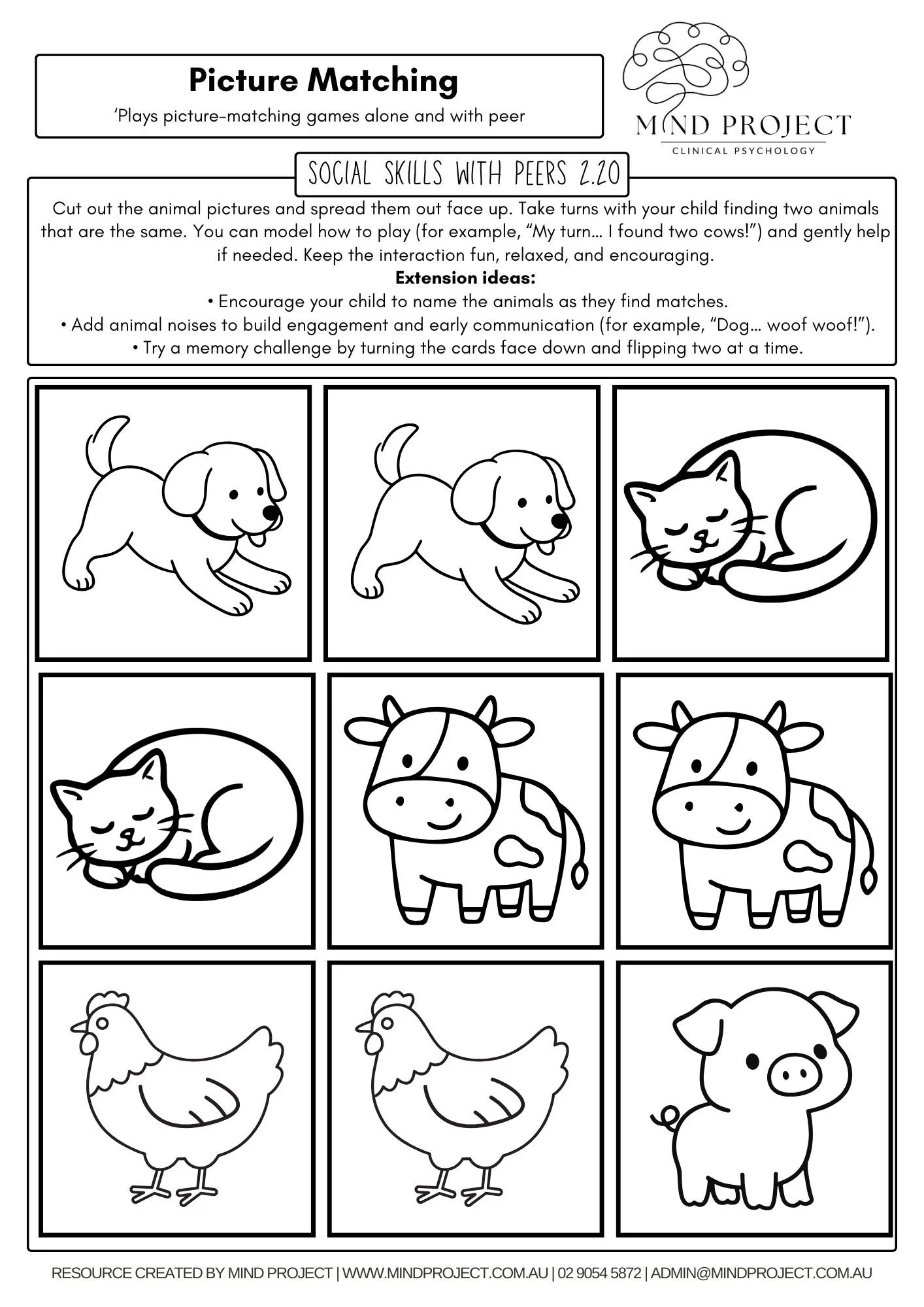 Builds early attention, turn-taking, and visual discrimination skills through a playful animal matching game. Supports engagement, social interaction, and early communication.