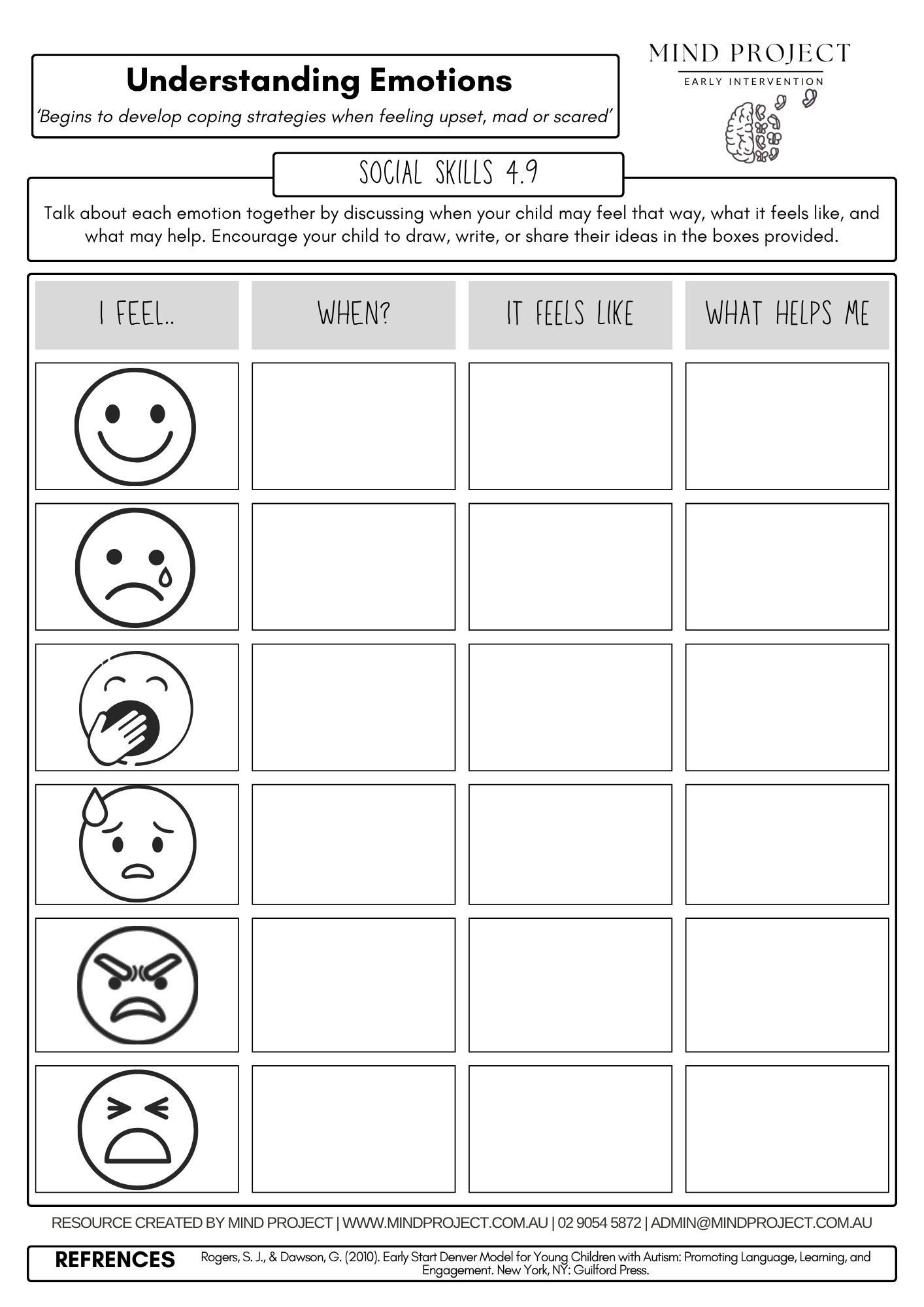 Printable emotions worksheet helping children recognise feelings, understand when emotions happen, describe how emotions feel in their body, and explore coping strategies while supporting emotional awareness, communication, and emotional regulation s