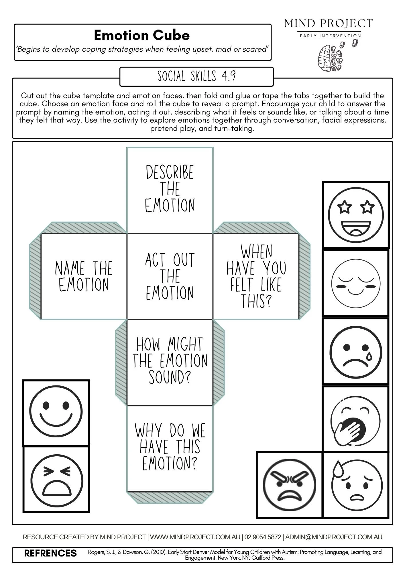 Printable emotion cube activity helping children recognise, describe, and explore feelings such as happy, sad, angry, worried, and excited while supporting emotional awareness, social communication, perspective taking, and emotional regulation skills