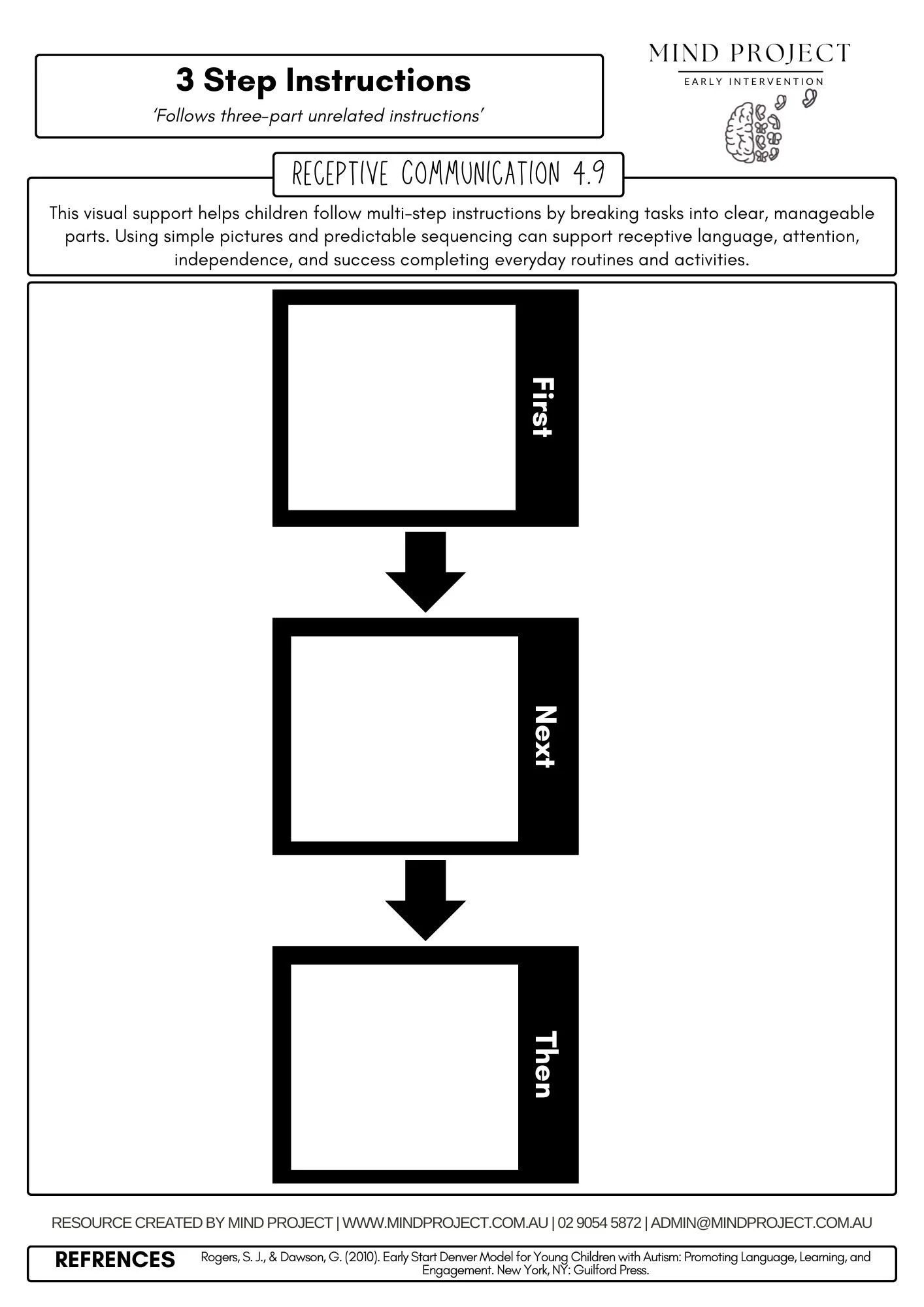 Printable visual support worksheet helping children follow multi-step instructions, improve receptive communication, and build independence in everyday routines and activities.