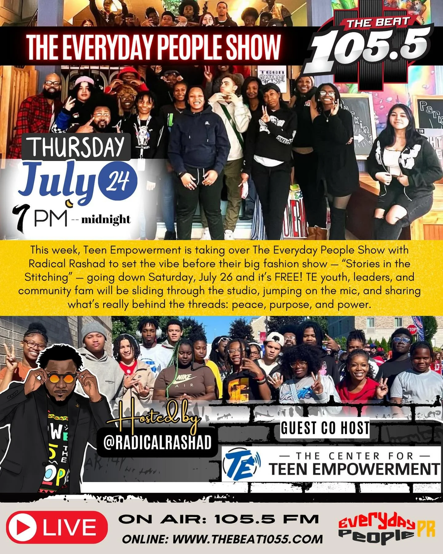 TUNE IN  ROCHESTER 📡

This Thursday Teen Empowerment is taking over the airwaves @thebeat1055fm 📈
Starting at 7p TE YOs will be on air with @radicalrashad of #theeverydaypeopleshow in preparation for our Stories in the Stitching Fashion Show‼️
🔵⚪️
