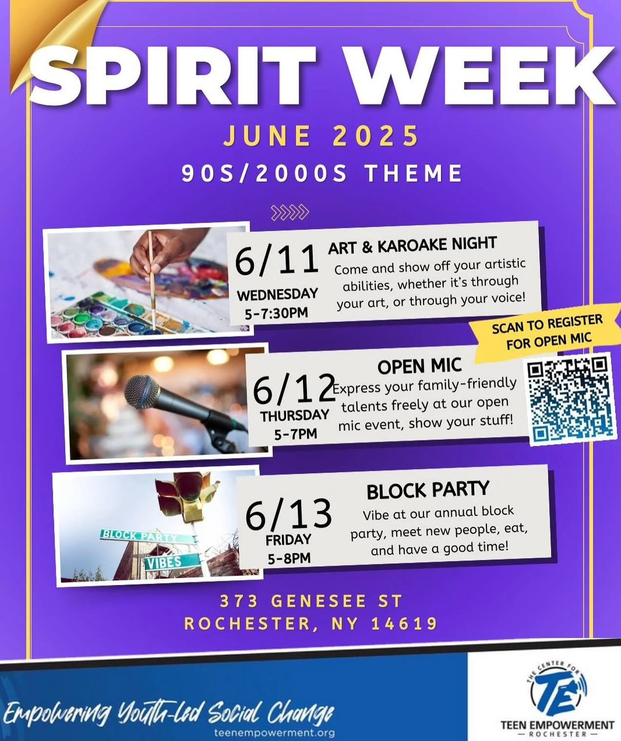 CALLING ALL TEENS 🗣️

This week at TE our west side site is hosting a spirit week. All events will be at our Genesee St location. 

📍373 Genesee St
🎨3/11 Paint &amp; Karaoke
🎤 3/12 Open Mic
🎉3/13 Party on the Bricks 

#changestartswithyouth
#tee