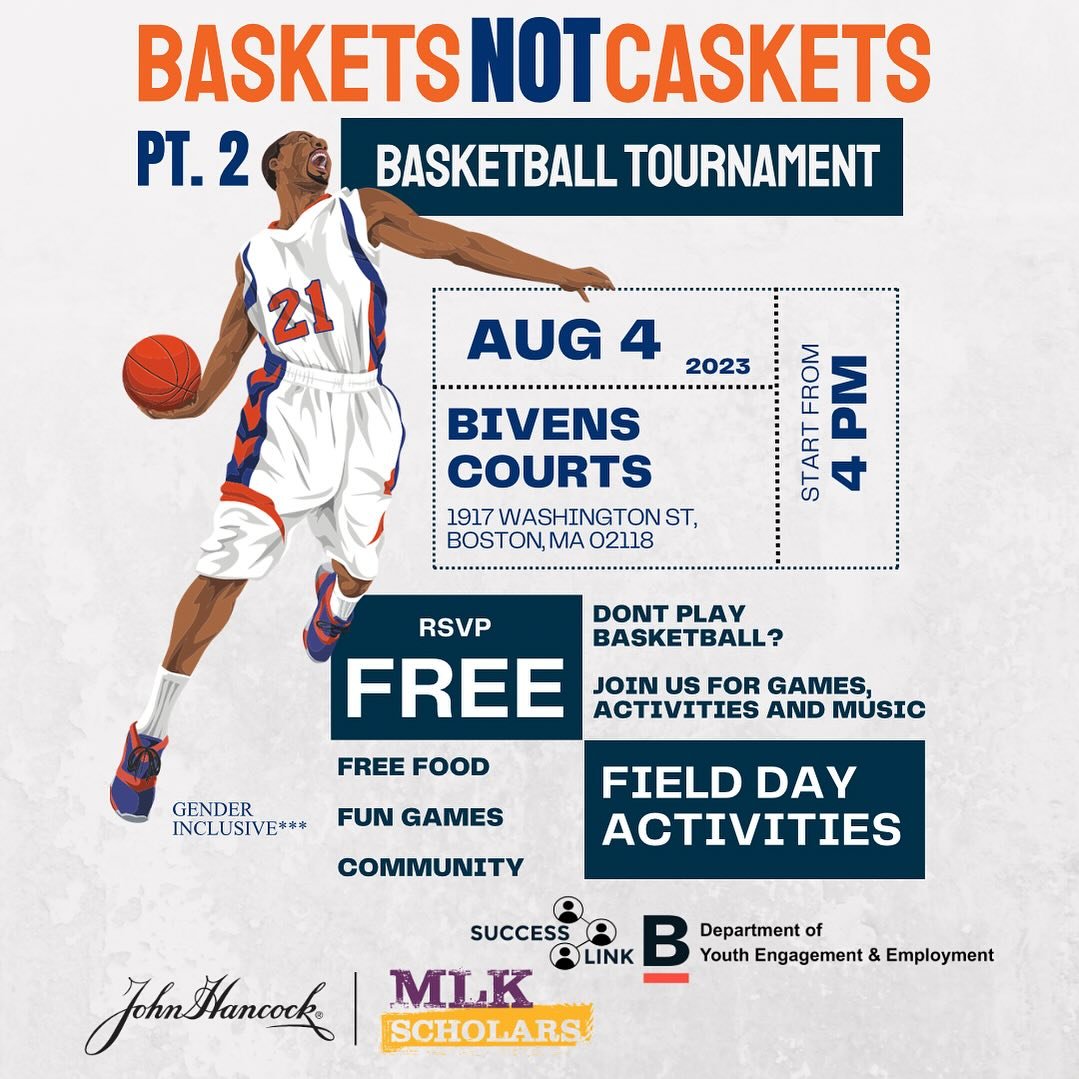 BOSTON! Pop out Friday August 4th, 2023 to our second annual 🏀&ldquo;Baskets not Caskets&rdquo;⚰️ basketball tournament. Starting at 4pm, bring your A-Game, ball out and have fun with food, raffles, games, and more! ⛹️&zwj;♀️

Connect with community