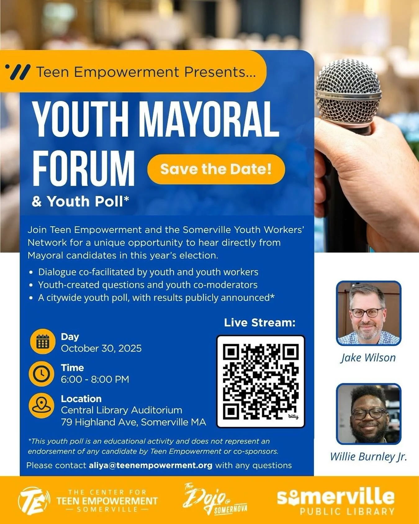 📣 Hey youth! We&rsquo;re just 7 days away from the Mayoral Forum 🎉

Join us on October 30th @ 6PM at the Central Library Auditorium (79 Highland Ave, Somerville, MA) to hear directly from the mayoral candidates &mdash; your voice matters! 🗳️💬

Go