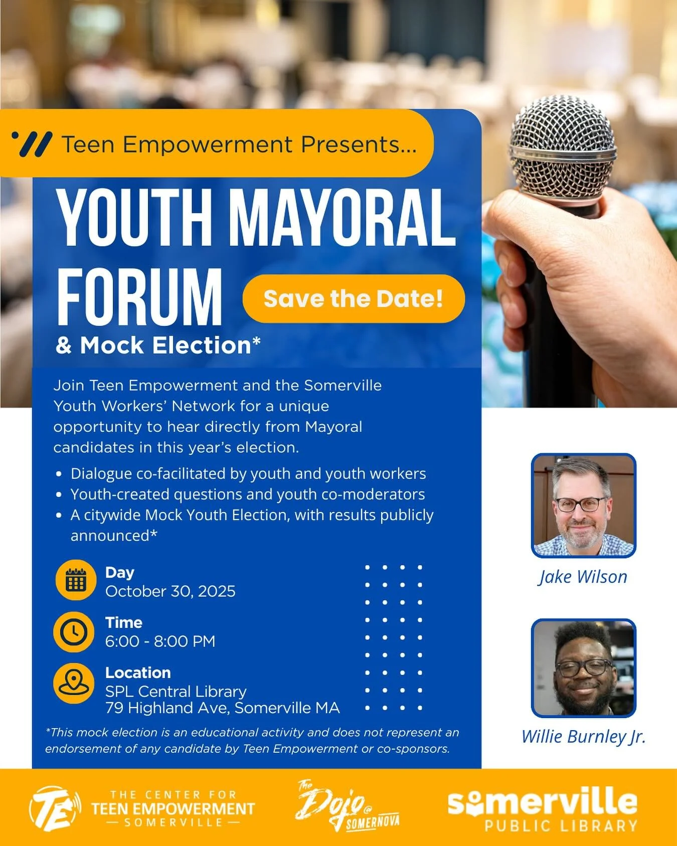 Hey youth! ✨
Join us for a Mayoral Forum &amp; Mock Election on October 30th, 6&ndash;8PM! 🗳️
Come hear directly from this year&rsquo;s candidates Jake Wilson and Willie Burnley Jr. 🎤

🍕 Free food + raffle prizes &mdash; you don&rsquo;t want to mi