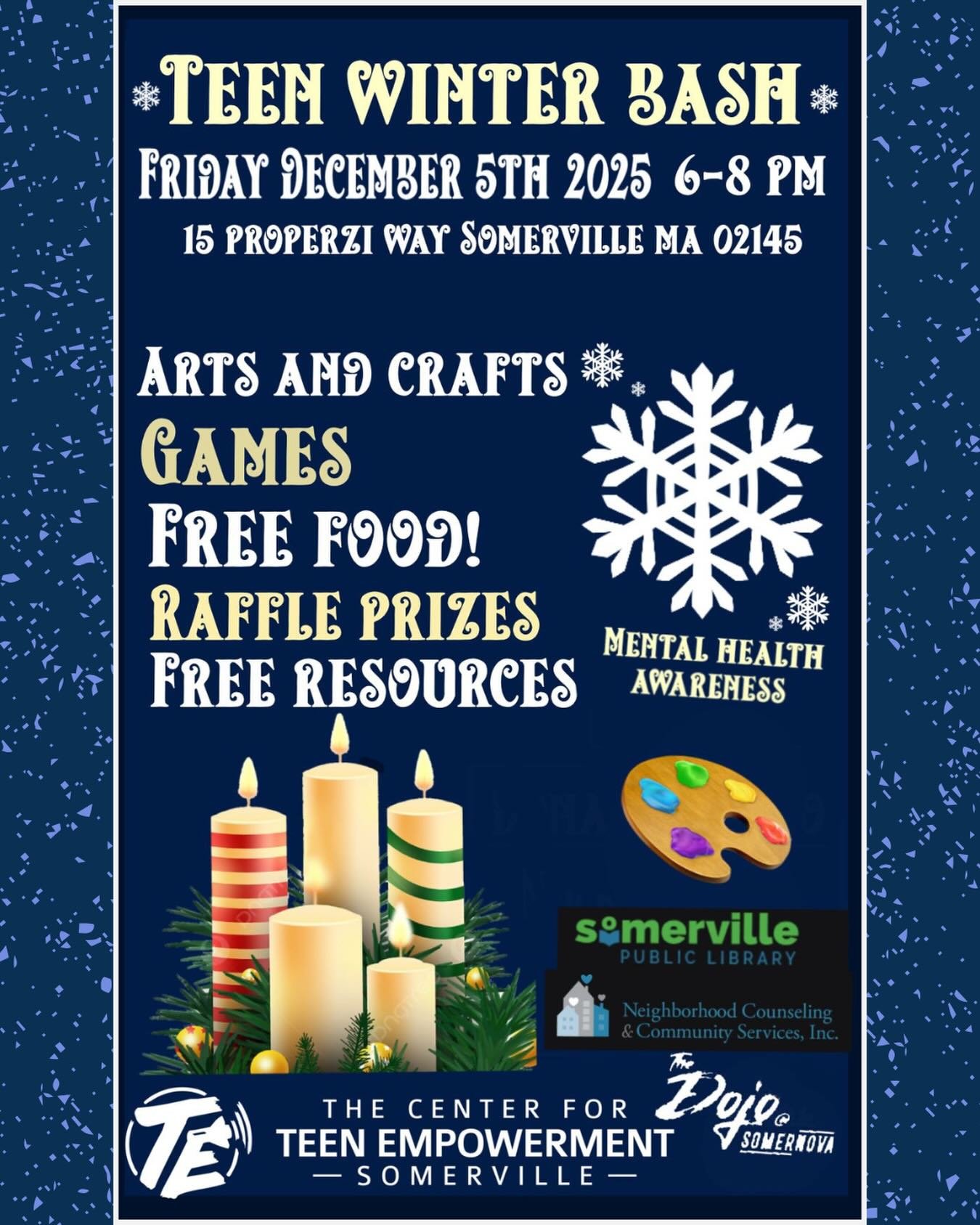 Hey Youth!
Join us for our Teen Winter Bash on Dec 5th from 6&ndash;8pm at the Dojo ❄️✨
This event is all about mental health and healthy coping mechanisms.

We&rsquo;ll have food, activity tables, live performances from our Youth Organizers,
a licen