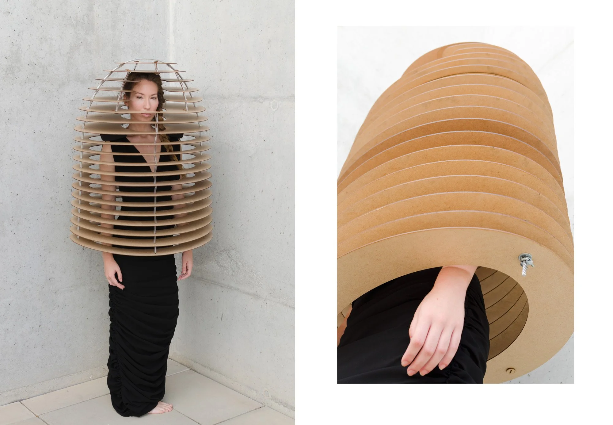 modelo vestida con un diseño de ropa arquitectónica en un ambiente de arquitectura brutalista gris