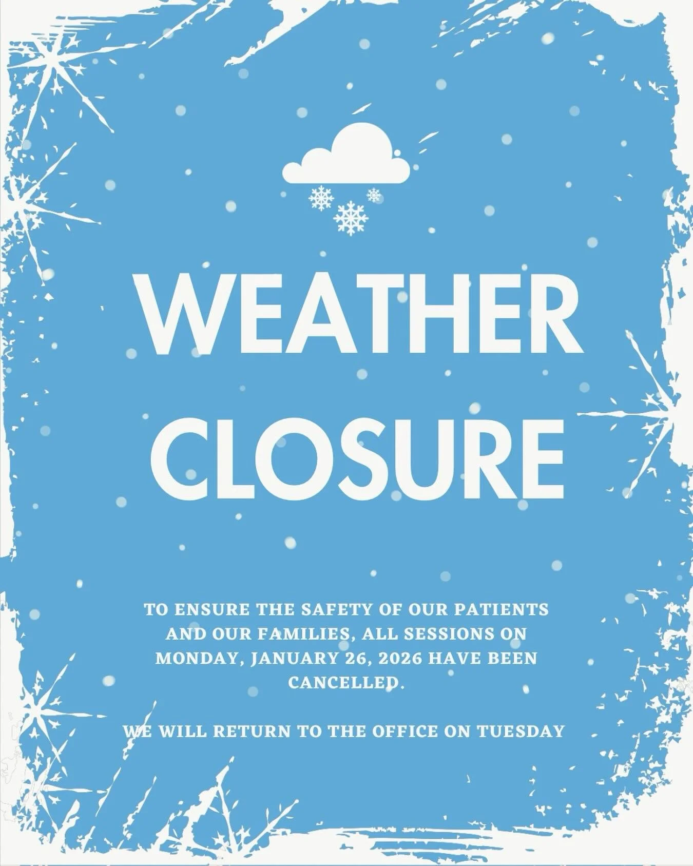 Due to weather and school closures, we will be closed for ALL (including virtual) Monday sessions. Please reach out if a reschedule is needed as they are first come first serve. Stay safe and warm! We will resume our normal schedule on Tuesday as wea