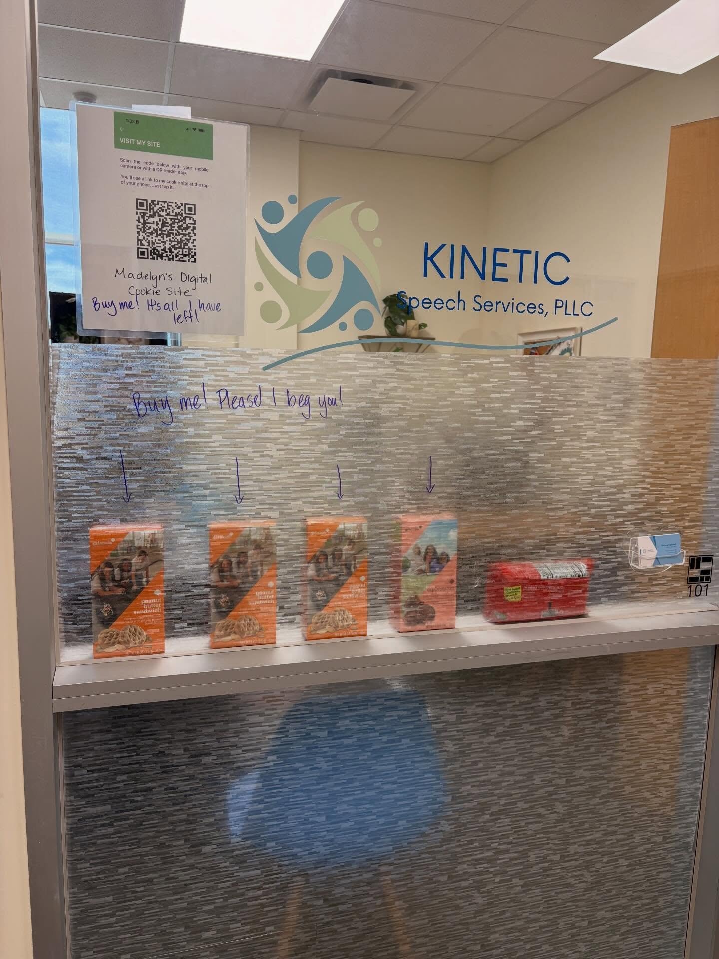 The tiniest of business owner&rsquo;s has come set up shop! She&rsquo;s trying to get rid of her LAST 4 boxes of cookies! Please clear my window! 🍪 I&rsquo;m hungry just staring at these!