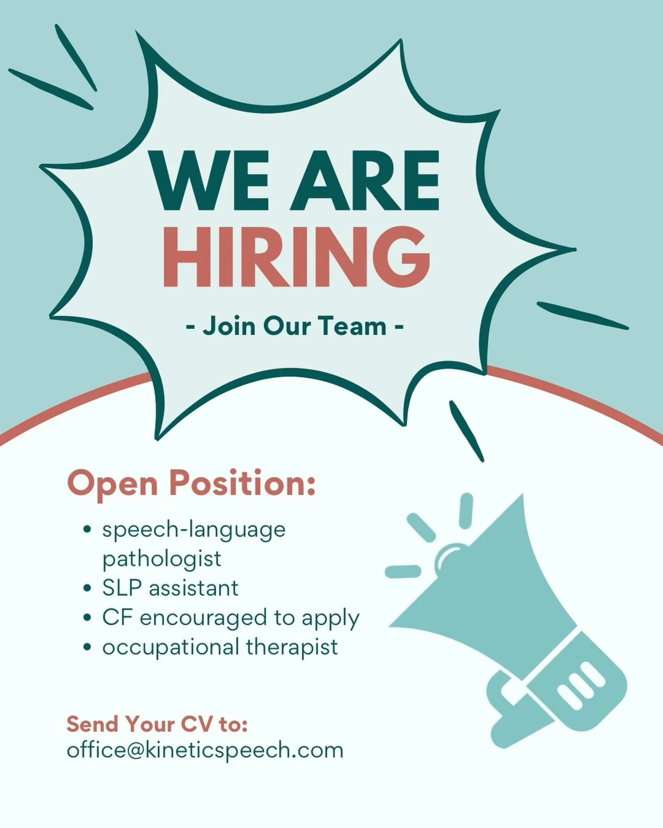 We are growing and we are hiring for 2 positions! We are looking for an SLP or SLPA and an occupational therapist to add to our team!

Please send your info to office@kineticspeech.com