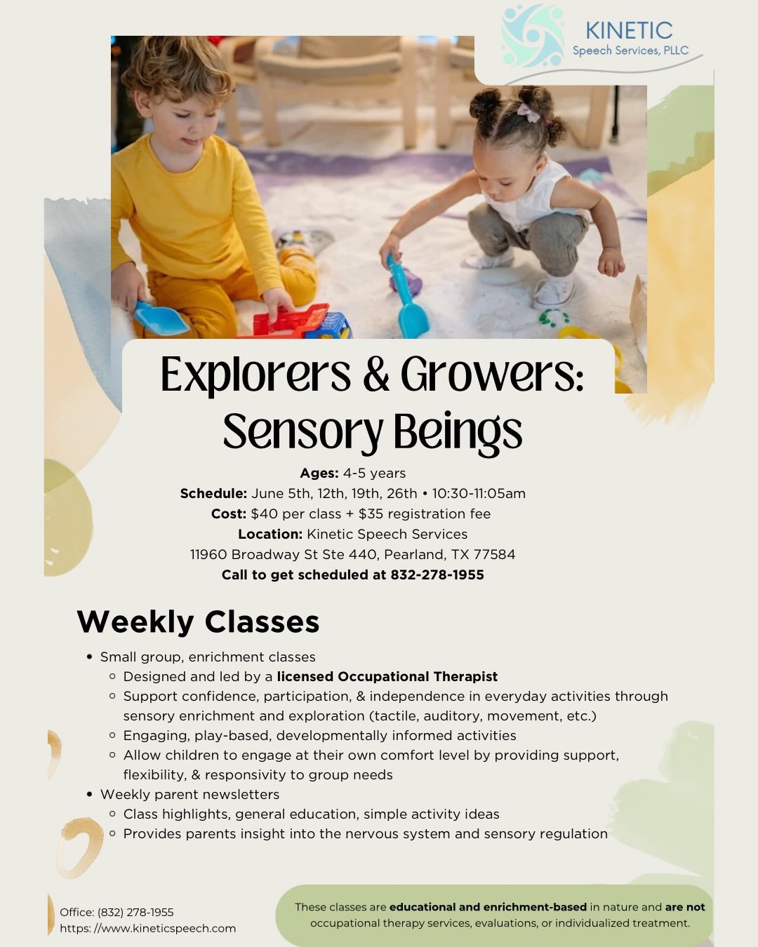 📣📣📣

With a new offices comes new services! We are bringing on an experienced occupational therapist! 🥳

At Kinetic Speech Services, we are hosting 4 week enrichment classes for 4-5 year olds with our licensed occupational therapist!

Please reac