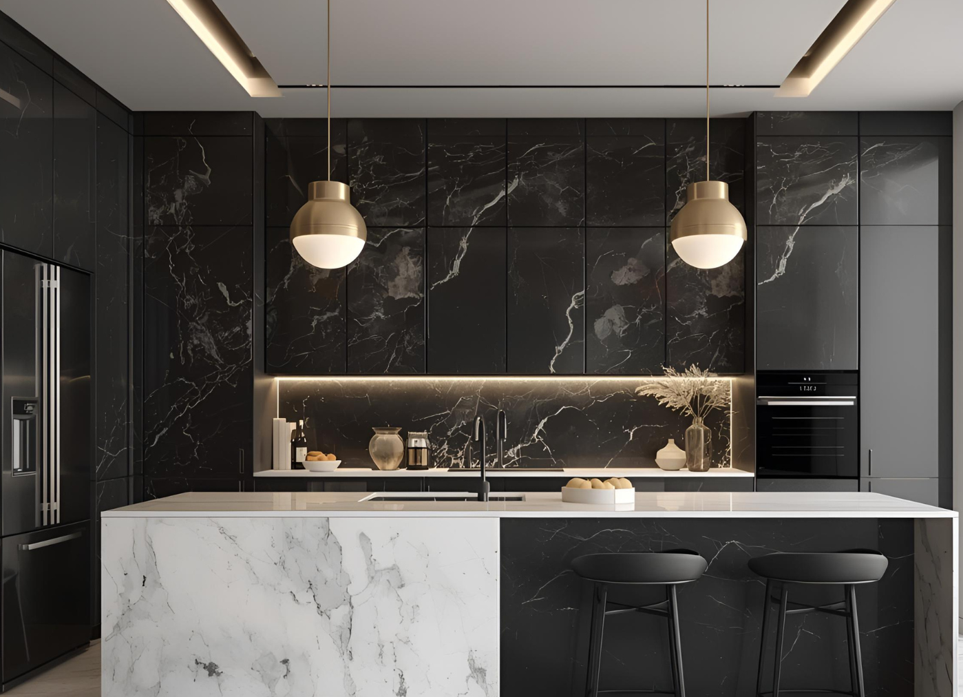 Modern kitchen with black marble cabinets, white marble island, two black bar stools, and gold pendant lights.