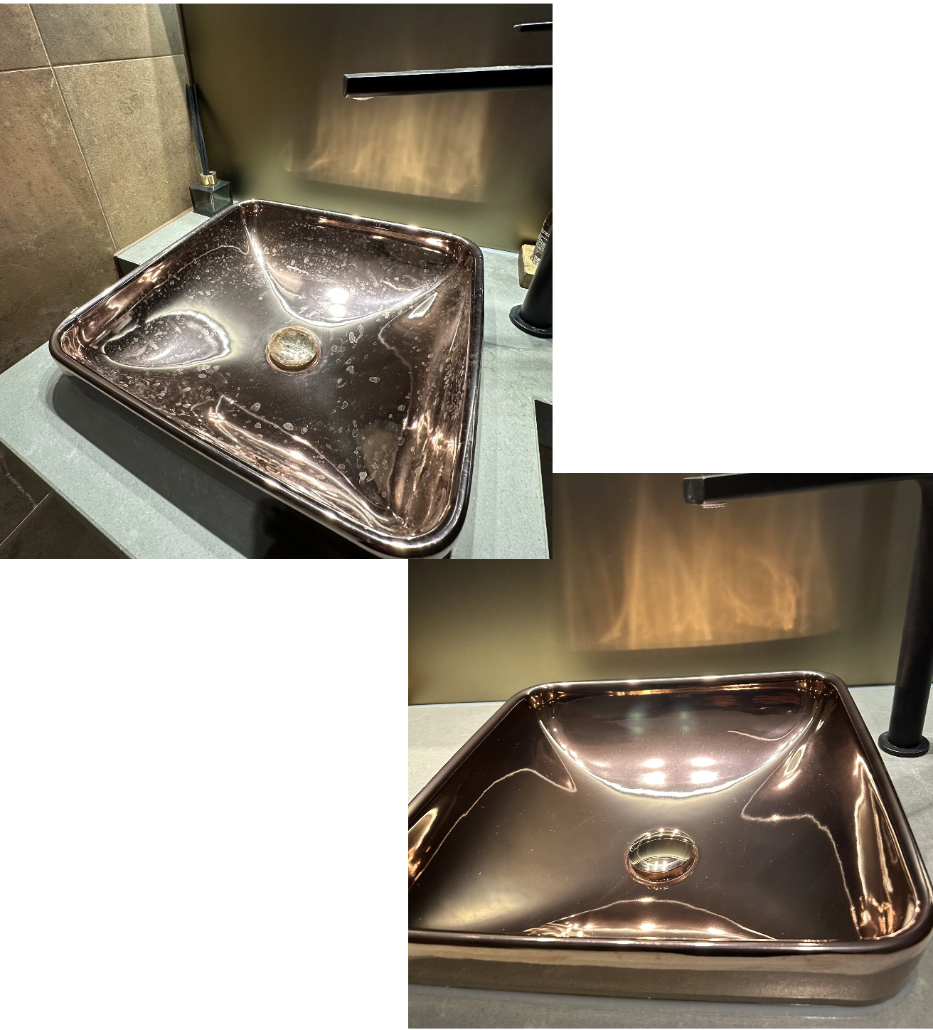 A metallic copper-colored square sink with rounded edges, installed in a bathroom or restroom, with a drain in the center and a bottle of soap or lotion holder nearby.