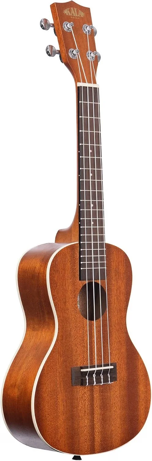 A wooden ukulele with a natural finish, featuring four strings, a fretboard with metal frets, tuning pegs, and a sound hole.